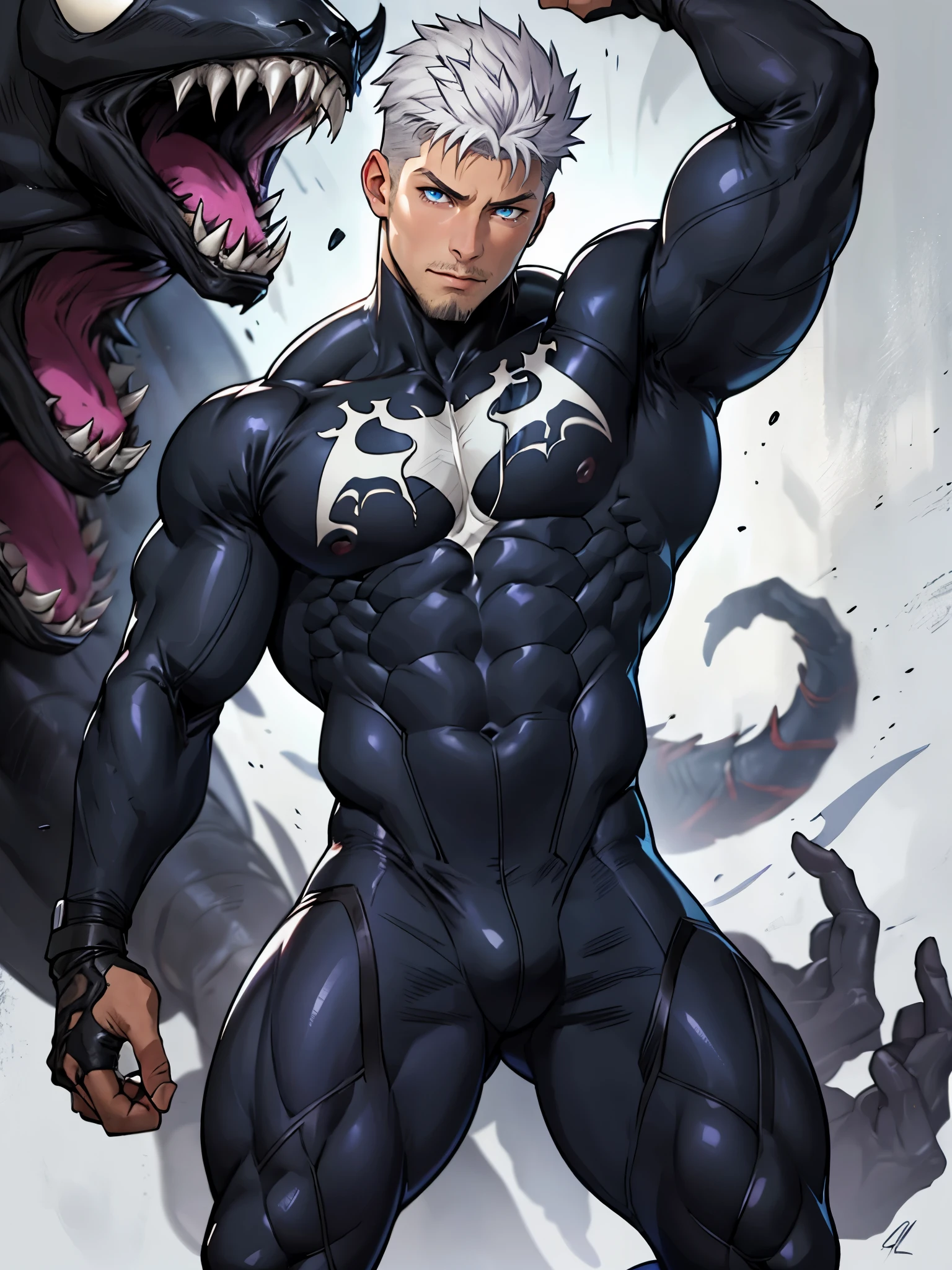 young muscular male, masterpiece, intricate details, upper body, best quality, eye focus, silver hair, manly, stubble, venom, symbiote costume,(emiya_shiro:1.2),dark skin, 1boy, (symbiote full bodysuit:1.1), eye focus, face, detailed eyes, symbiote skin tight, blue eyes, full body, bodyduiler flexing,