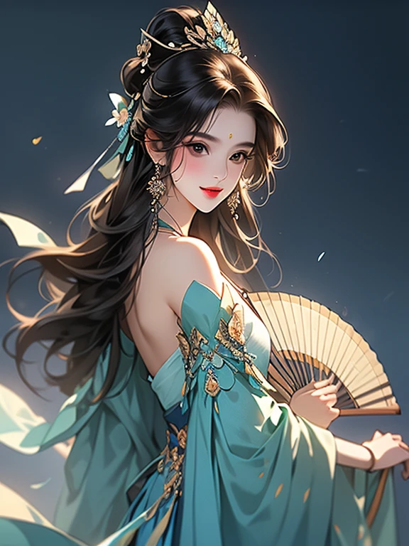 (best quality), ((masterpiece)), (highres), illustration, original, extremely detailed,licg, 1girl, hand fan, dress, brown hair, long hair, jewelry, solo, detached sleeves, earrings, hair ornament, white background, blue dress, folding fan, smile