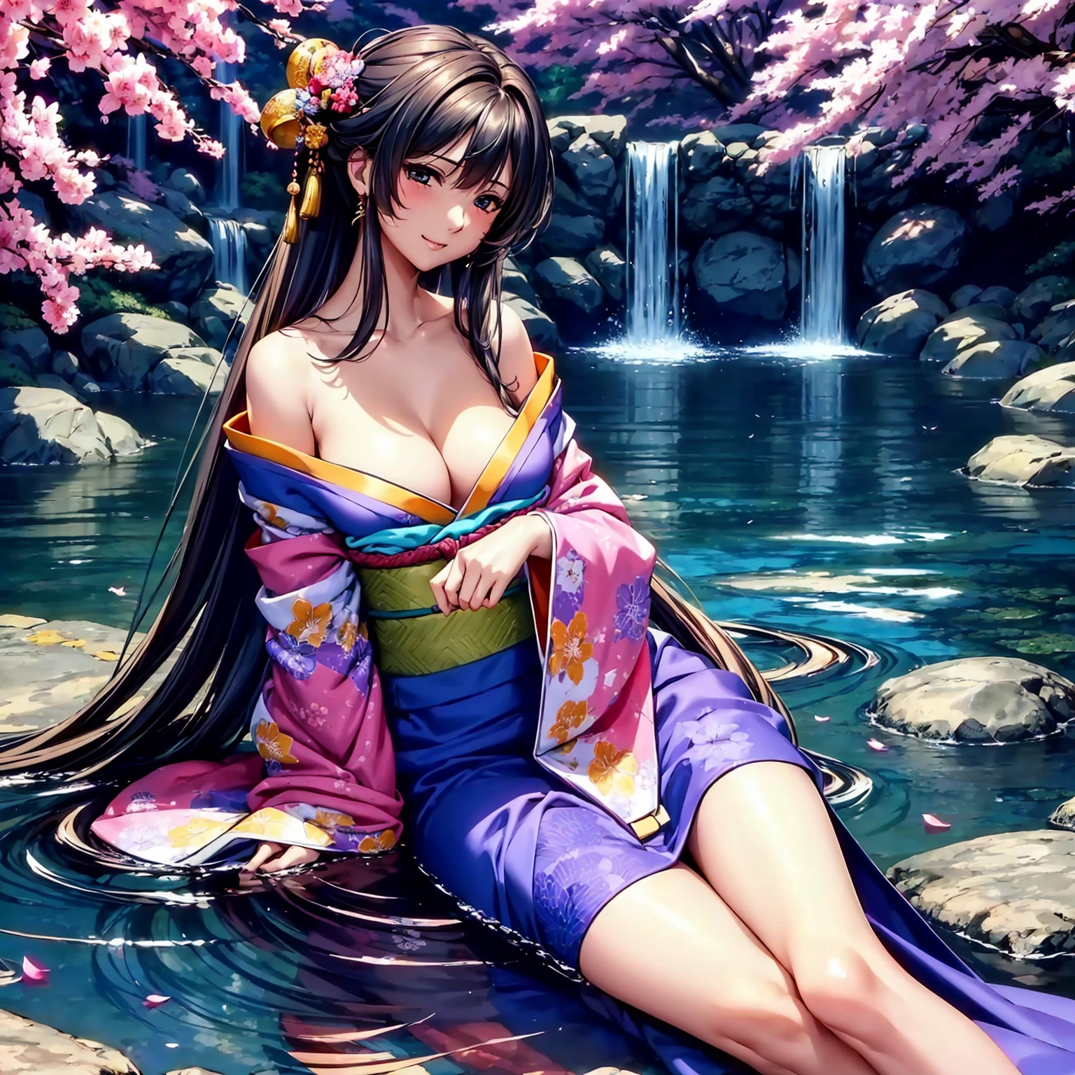 (highest quality、masterpiece、very high resolution、ultra high resolution.High-quality detail)、(A woman with perfect and ultimate beauty:18-year-old,bright smile,beautiful body、beautiful face)、(There are many variations of hairstyles,Japanese hair,beautiful hair),(Beautiful breasts with a slender body shape:F cup,beautiful hair texture,Beautiful skin texture,Lifelike textures,Beautiful colors)((Wearing a Japan kimono:Japanese patterns and colors,Kimono with long obi and large sleeves,Beautiful colors,shoulders are exposed,Wear it down)),(Fantastic waterside,There is a waterfall,Night cherry blossoms and lanterns,mysterious night sky、beautiful scenery),(water play,beautiful pose,model shoot),(whole body,I can see my thighs,accurate anatomy、highly detailed images、accurate image、Perfect Image 1.5)、beautiful anime woman, beautiful art style, anime character、(Overall image、Image without defects、natural soft light、beautiful images),(best shot,RAW photo 1.2)