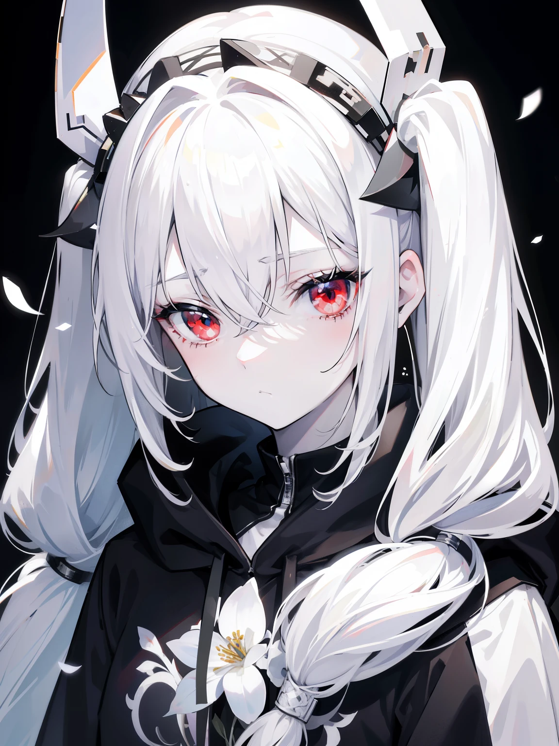 Pale skin, white hair, black hoodie, white flowers, flowers on head, Twintails, , solo,{{best quality}}, {{masterpiece}}, {{ultra-detailed}}, {illustration}, {detailed light}, red eyes,long hair,