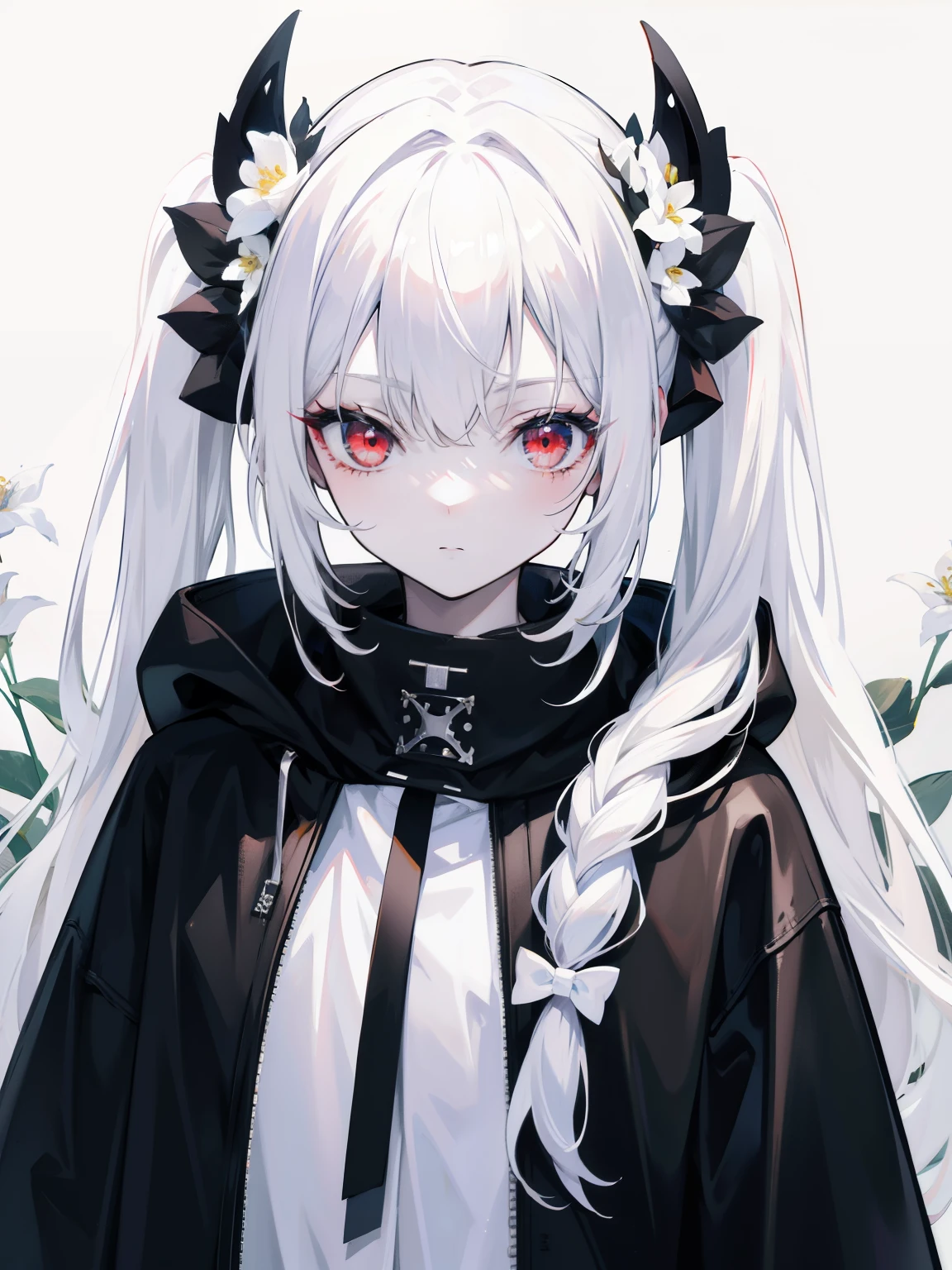 Pale skin, white hair, black hoodie, white flowers, flowers on head, Twintails, , solo,{{best quality}}, {{masterpiece}}, {{ultra-detailed}}, {illustration}, {detailed light}, red eyes,long hair,