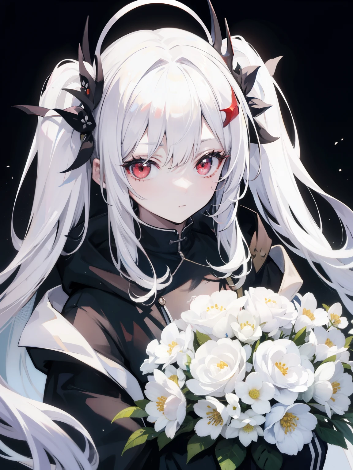 Pale skin, white hair, black hoodie, white flowers, flowers on head, Twintails, , solo,{{best quality}}, {{masterpiece}}, {{ultra-detailed}}, {illustration}, {detailed light}, red eyes,long hair,