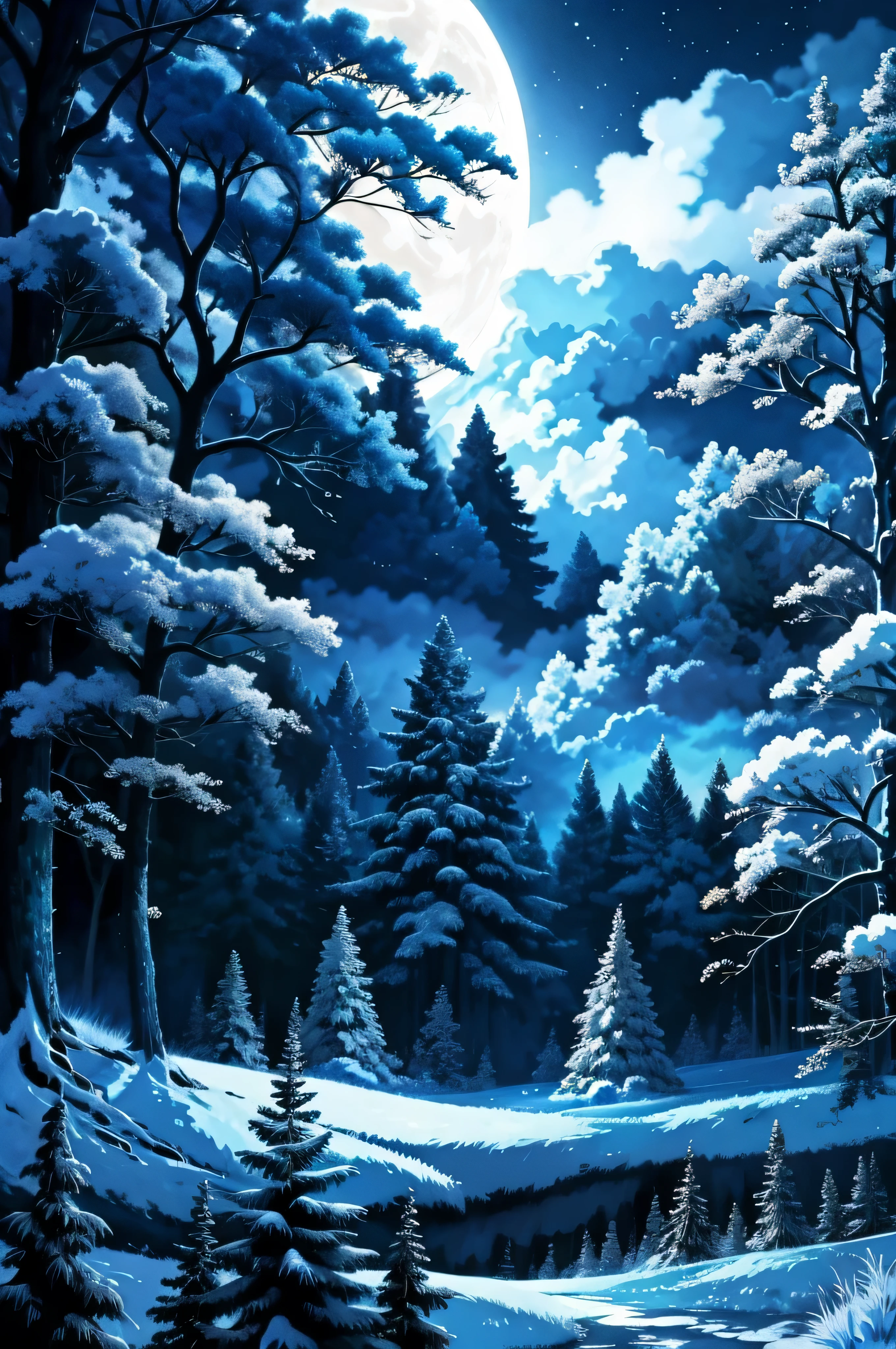 anime freezing forest scenery, night and cold environment