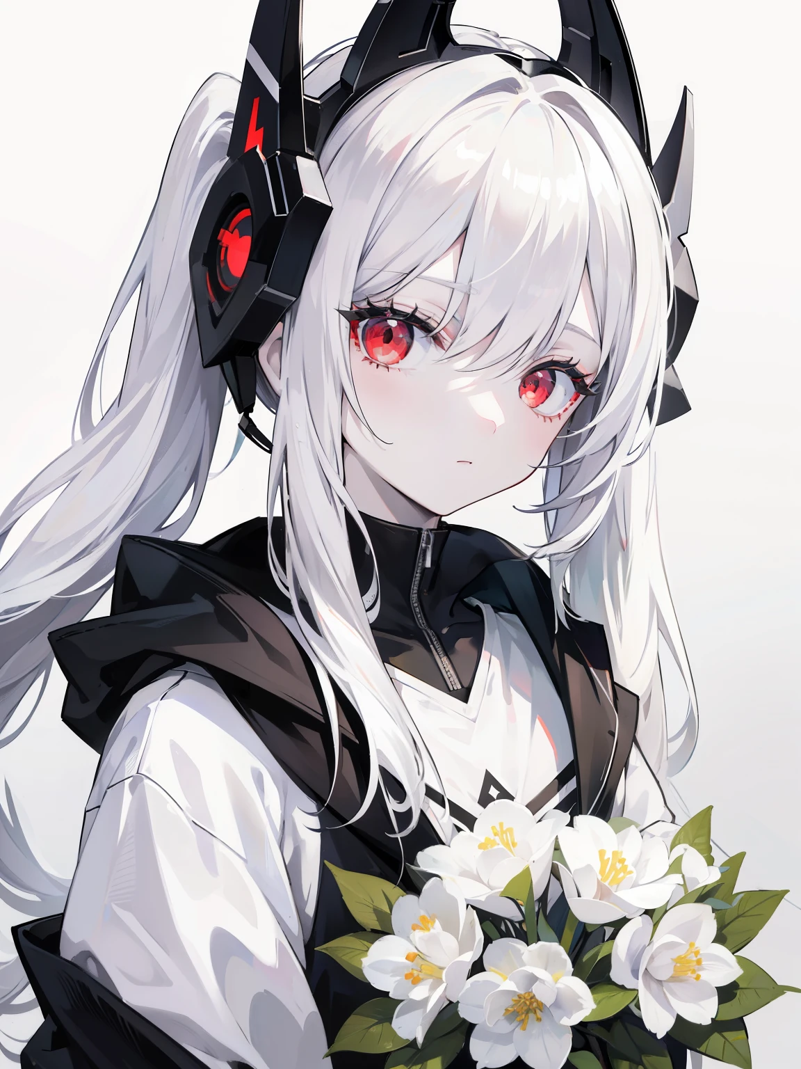 Pale skin, white hair, black hoodie, white flowers, flowers on head, Twintails, , solo,{{best quality}}, {{masterpiece}}, {{ultra-detailed}}, {illustration}, {detailed light}, red eyes,long hair,