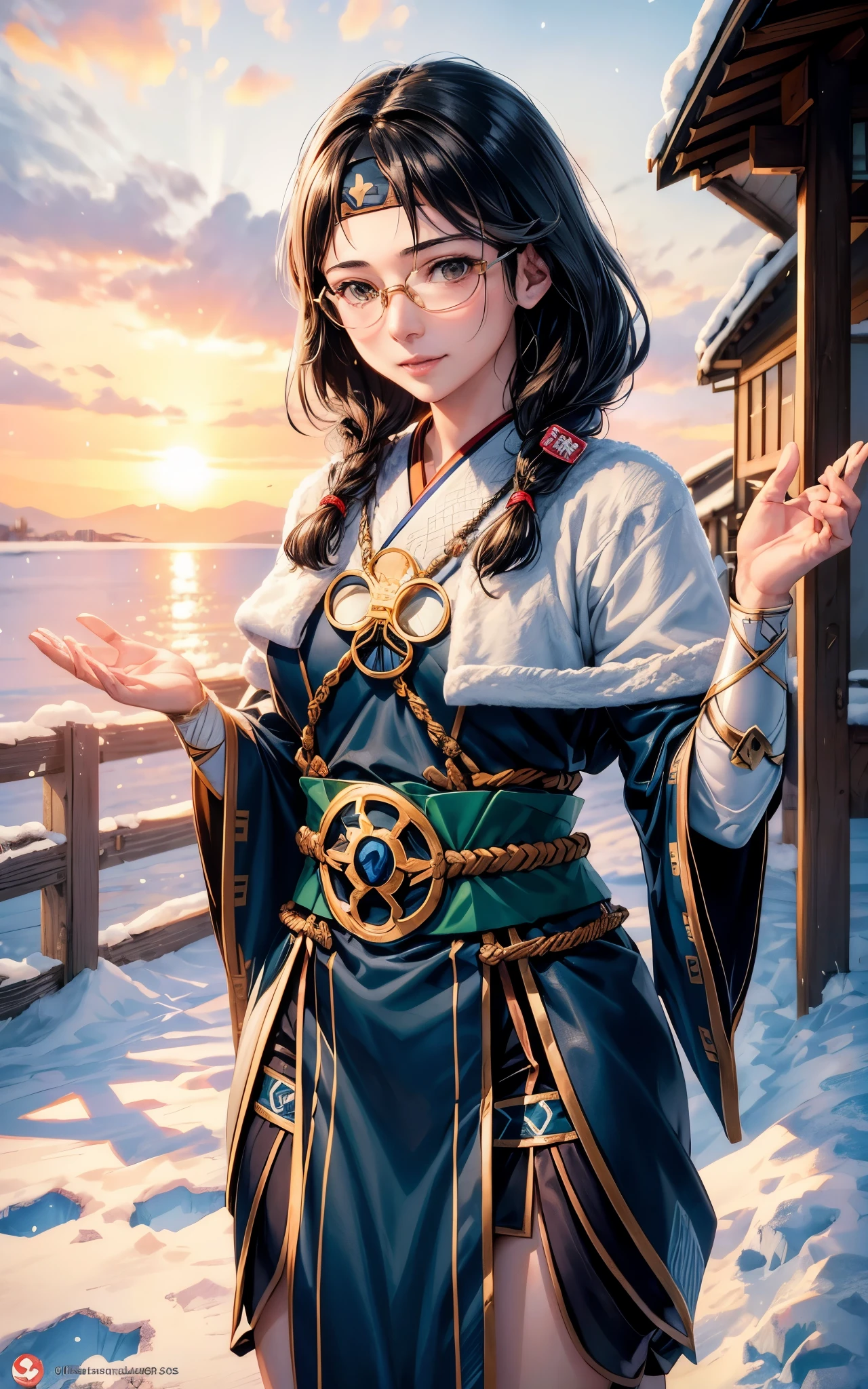 Young ainu woman with the face of (Gal Gadot:Evangeline Lilly), (looking at viewer, light smile, ), brown hair, brown eyes, long hair, hair_flying, Fluttering hair, flying_hair, ((Transparent glasses, glasses, glasses_on_nose)), ((traditional ainu clothes)), sexy, charming, stunning, enhance, delicate, (pale skin, real_skin), sunlight, Winter, snow, Hokkaido, outdoor, best quality, high quality, highres, 8k, photo realistic.