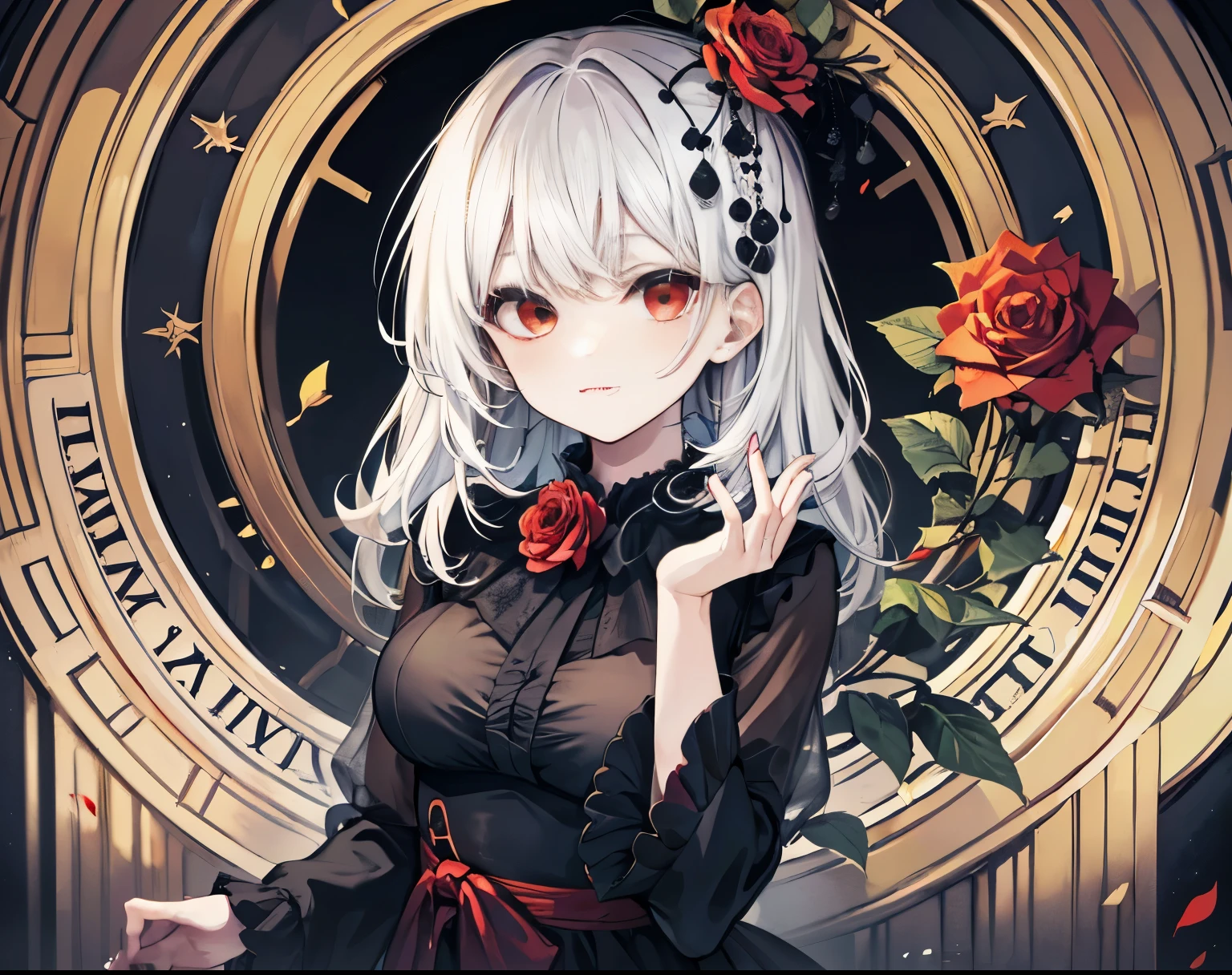 (best quality, masterpiece), (1girl, solo, black dress, standing , looking at viewer, white hair, red eyes, holding rose, closed mouth, upper body), (red dreamcatcher behind, red flower, )