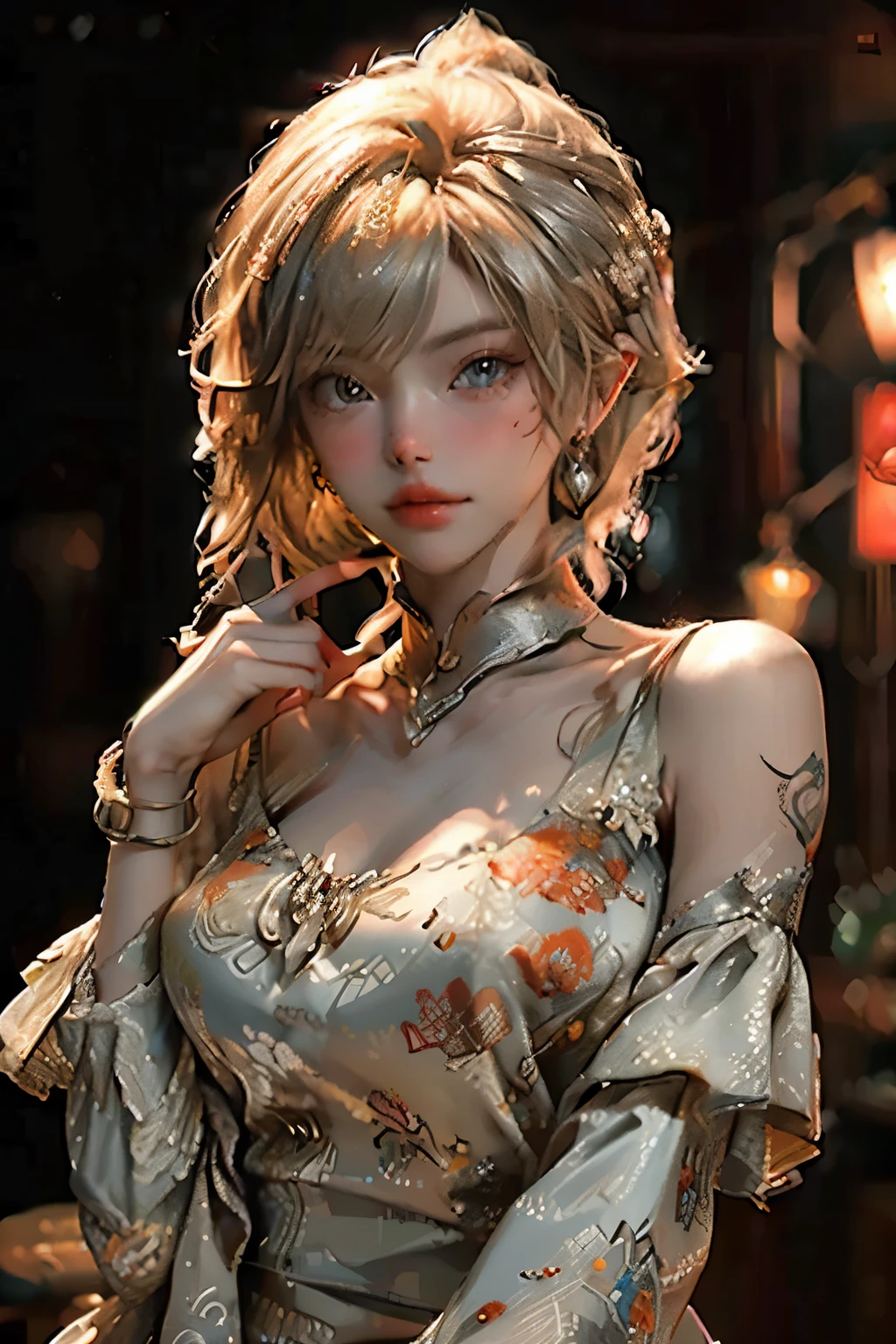 A young blonde woman poses confidently with an intricate light silver and orange tattoo, captured in the soft focus style of daz3d. I can't believe how beautifully detailed and captivating this image is, evoking a sense of naive charm with her light black hair complementing the vibrant colors.

(Close-up), a beautiful young woman wears a delicate necklace and a choker, showcased in the intricately detailed urban scenes rendered in the photorealistic style. The y2k aesthetic adds a charming vintage appeal with light silver and orange hues, making this uhd image a masterpiece to behold. Her distinctive noses and expressive eyes are adorable