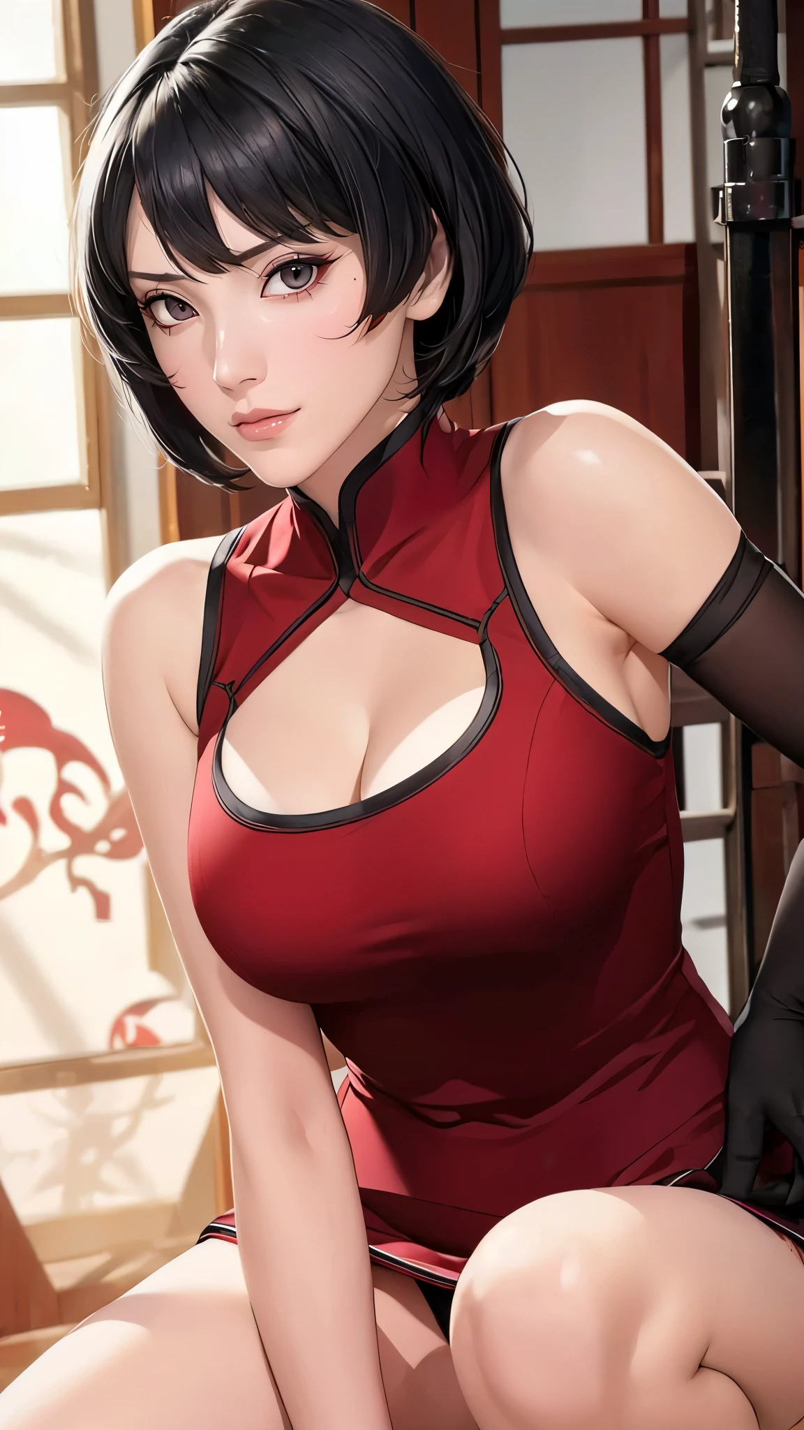 （（（Wearing a red slit cheongsam，Black gloves on both hands。（（（Kurotsuchi，short black hair，black pupils，Good-looking， ））），（（（wide hips））），S-shaped body:1.7））），((masterpiece)),high resolution, ((Best quality at best))，masterpiece，quality，Best quality，（（（ Exquisite facial features，looking at the audience,There is light in the eyes，lol，confidence ））），（（（Light and shadow interlace，huge ，cleavage））），（（（looking into camera，Squatting on one foot，Extend the other foot to the side，Hand on the ground）））