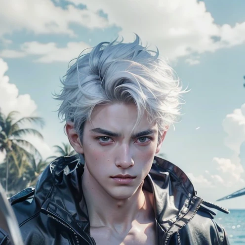 (max resolution: 1.2), (Ultra HDTV: 1.2), 8K resolution, Eye and skin details, face details, , (Sharp focus: 1.2), (Precise focus) sharp face: 1.2), Standing boy, Short hair, White hair, Shirtless, Exposed chest muscles, Six pack abs, transparent white briefs, Summer, Sea water, Coconut trees, Blue sky, White clouds, Light Sun, Fullbody image