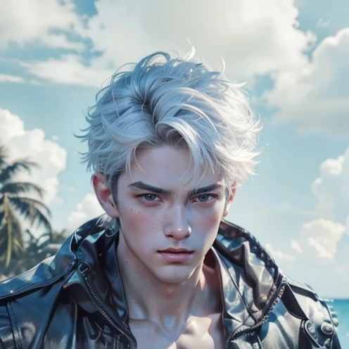 (max resolution: 1.2), (Ultra HDTV: 1.2), 8K resolution, Eye and skin details, face details, , (Sharp focus: 1.2), (Precise focus) sharp face: 1.2), Standing boy, Short hair, White hair, Shirtless, Exposed chest muscles, Six pack abs, transparent white briefs, Summer, Sea water, Coconut trees, Blue sky, White clouds, Light Sun, Fullbody image