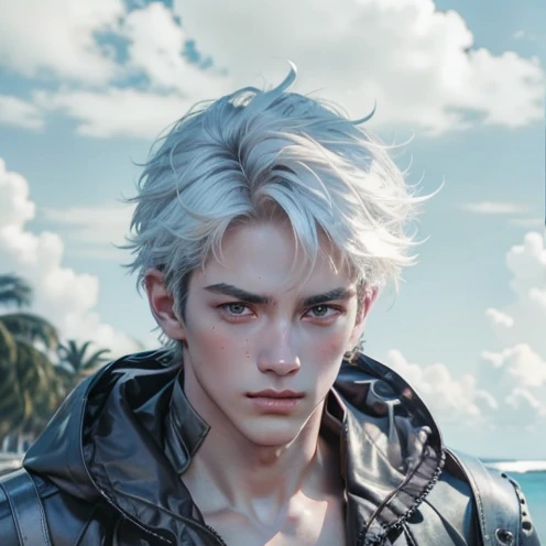 (max resolution: 1.2), (Ultra HDTV: 1.2), 8K resolution, Eye and skin details, face details, , (Sharp focus: 1.2), (Precise focus) sharp face: 1.2), Standing boy, Short hair, White hair, Shirtless, Exposed chest muscles, Six pack abs, transparent white briefs, Summer, Sea water, Coconut trees, Blue sky, White clouds, Light Sun, Fullbody image