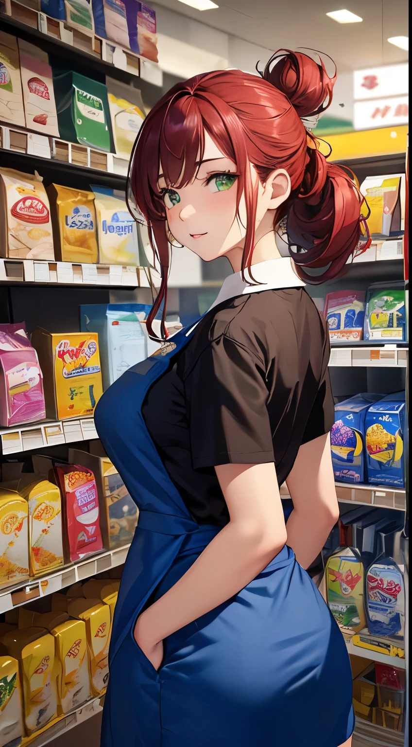 1 female, alone, Height: 177cm, long hair, ((put your hair up:1.5, Vermilion hair:1.4)), green eyes, (long eyes:1.4),highly detailed eyes, (Convenience store clerk:1.4), expressive face, Inside the convenience store, colorful, high contrast, (masterpiece), wallpaper, dynamic pose, beautiful woman、((E-cup upturned breasts, big firm butt)), apron and shirt