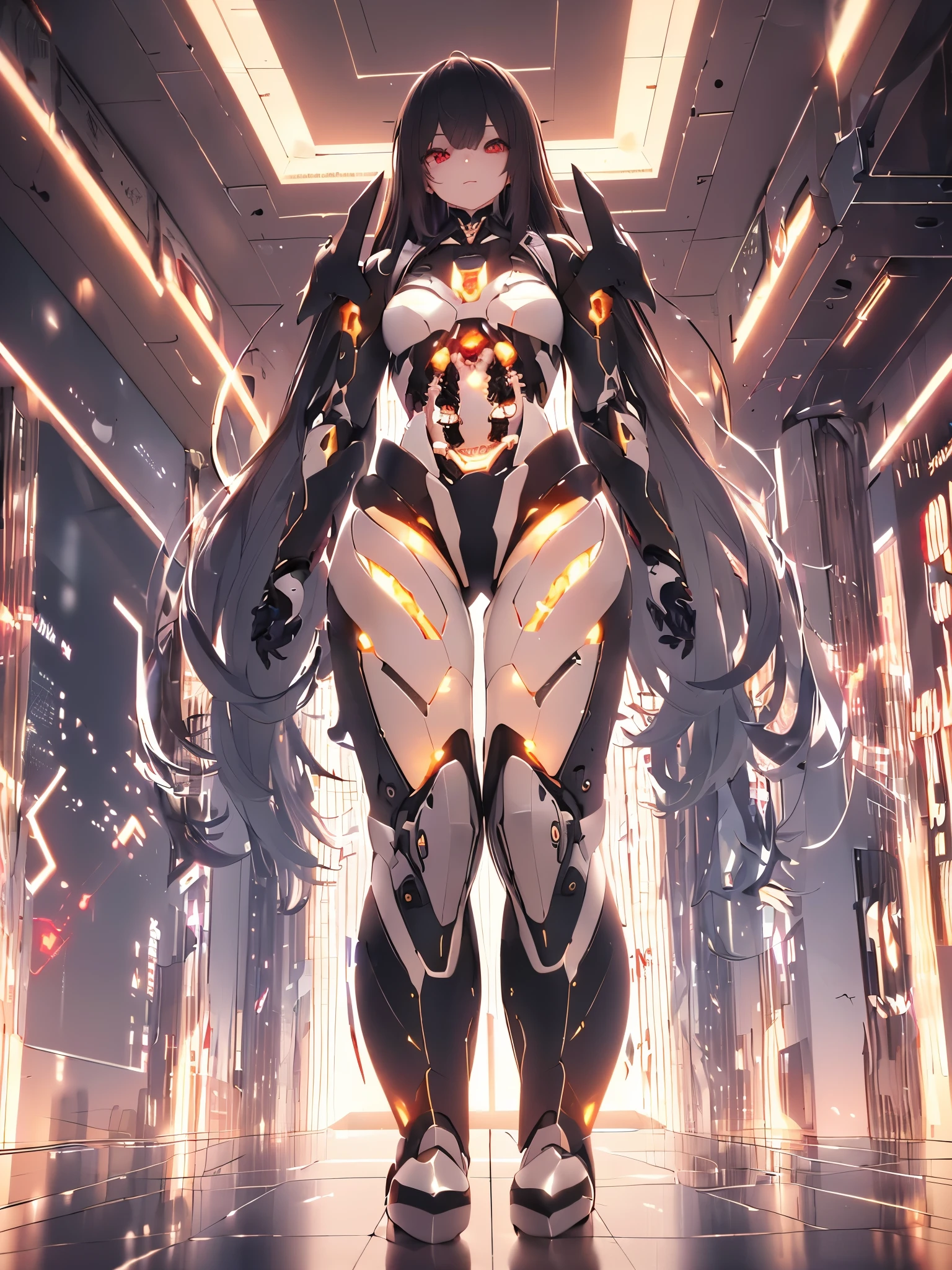 (8k, best quality, masterpiece:1.2),\(Eye details\),\(Facial features\),(\(Clothes detail details\)\),(1 girl:1.2),Mecha girl,solo,full body,Sophisticated 3D rendering of a beautiful Japanese girl Android , part, Beautiful studio soft lighting, rim light, Vibrant details, Luxury Cyberpunk, The body is made of organically flowing dark gold and black gray transparent glass and plastic, Red metal internal mechanism, dynamic poses, mobile organic ingredients, Meticulous carving, Lace design, glowing red circuit, H&#39;s Art,(Mechanical skeleton(Metal pelvis,Mechanical spine:1.2),high-tech robot,(/black hair:1.2/),(long hair:1.1),(/shiny red eyes/),smooth skin,(This is an android:1.5),(small breasts:1.2),small ass,Mecha,warrior,