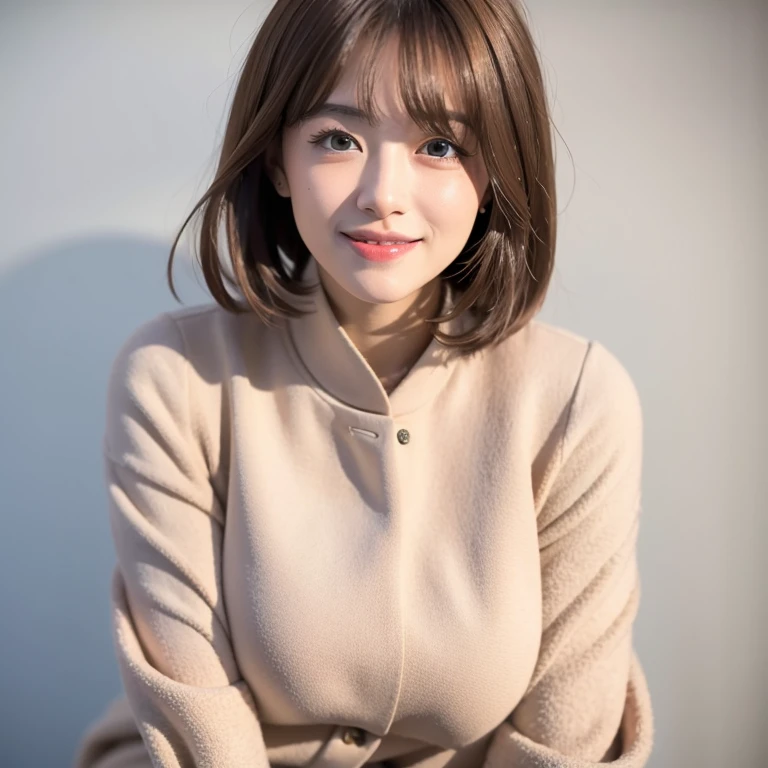 mix 4,(highest quality), (realistic),(Simple white background:1.2), 21 year old girl 1:1.5, Upper body, high detail face, smile,[ash blonde | Ginger | brown gray hair], Fujifilm XT3, beige or camel、High-waisted pants in neutral tones like silver and blue, Combination of silk blouse and structured blazer, Create a sophisticated and powerful look,(8K), bangs, short hair、Random attire、random sexy pose