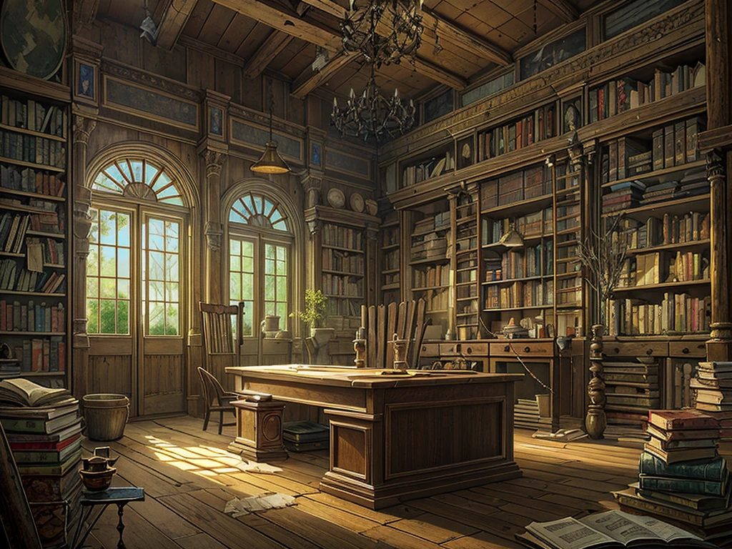 （（（masterpiece、Highest image quality、highest quality、highly detailed unity 8ｋwallpaper）））、（（（fantasy、grand library）））、（Large amount of books、Lined bookshelves、stage、３Storey）、high ceilings、dimly lit room、A messy floor with piles of books