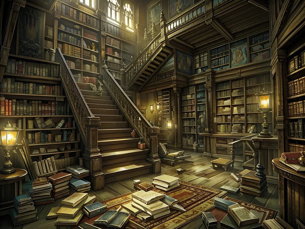 (((masterpiece、Highest image quality、highest quality、highly detailed unity 8kwallpaper)))、(((fantasy、grand library、Castle library)))、(Large amount of books、Lined bookshelves、large staircase、3Storey)、high ceilings、dimly lit room、A messy floor with piles of books