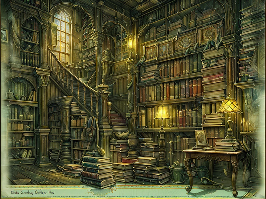 (((masterpiece、Highest image quality、highest quality、highly detailed unity 8kwallpaper)))、(((fantasy、grand library、Castle library)))、(Large amount of books、Lined bookshelves、large staircase、3Storey)、high ceilings、dimly lit room、A messy floor with piles of books