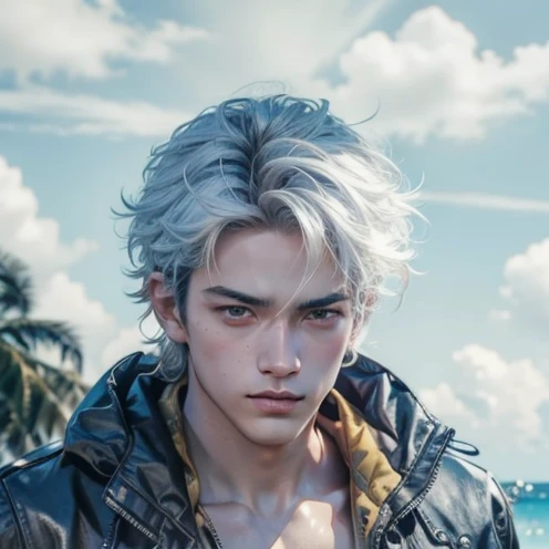 (max resolution: 1.2), (Ultra HDTV: 1.2), 8K resolution, Eye and skin details, face details, , (Sharp focus: 1.2), (Precise focus) sharp face: 1.2), Thai 1 man , handsome, Short hair, White hair, Shirtless, Exposed chest muscles, Six pack abs, transparent white briefs, Summer, Sea water, Coconut trees, Blue sky, White clouds, Light Sun, Fullbody image