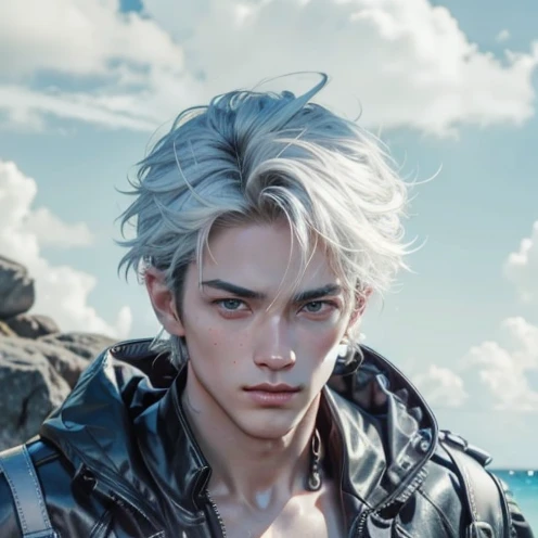 (max resolution: 1.2), (Ultra HDTV: 1.2), 8K resolution, Eye and skin details, face details, , (Sharp focus: 1.2), (Precise focus) sharp face: 1.2), Thai 1 man , handsome, Short hair, White hair, Shirtless, Exposed chest muscles, Six pack abs, transparent white briefs, Summer, Sea water, Coconut trees, Blue sky, White clouds, Light Sun, Fullbody image