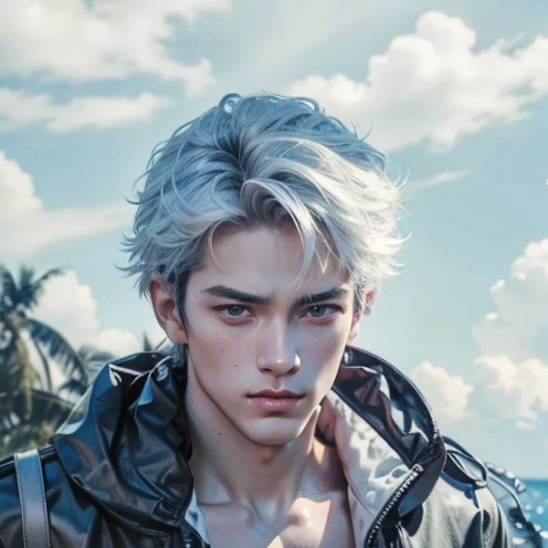 (max resolution: 1.2), (Ultra HDTV: 1.2), 8K resolution, Eye and skin details, face details, , (Sharp focus: 1.2), (Precise focus) sharp face: 1.2), Thai 1 man , handsome, Short hair, White hair, Shirtless, Exposed chest muscles, Six pack abs, transparent white briefs, Summer, Sea water, Coconut trees, Blue sky, White clouds, Light Sun, Fullbody image