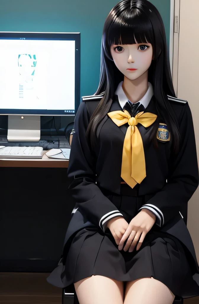 One full body mannequin deep kisses the computer,That mannequin is Erika Ikuta.,That mannequin is a high school student.,The height of the mannequin is 165cm,mannequin color&#39;my face is white.,mannequin color&#39;The body is pure white.,The mannequin has black hair(bangs),mannequin color&#39;eyes are black.mannequin is wearing a girl&#39;high school uniform.,a mannequin is sitting
