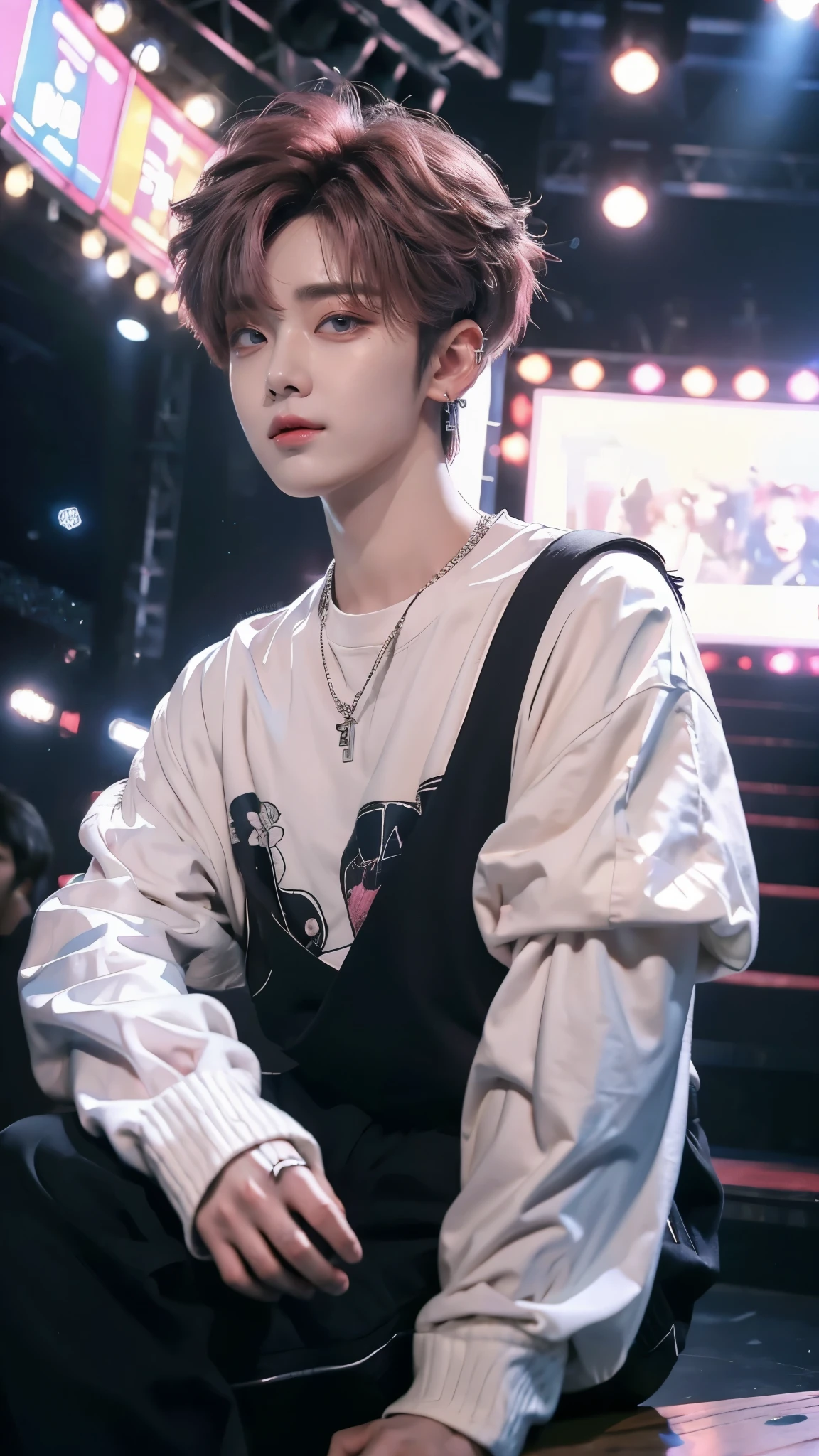 One Manly Boy、Pink-haired short-haired、Brownish eyes、small face、white skin、tall、Stylish black Korean stage fashion、Long sleeve trousers、23 years old、Korean Men、Has a languid look、sing with your mouth open on stage、Mike stand、Photos taken at music programs、Shot diagonally from the side、profile、masterpiece、highest quality、high resolution、Glaring expression、korean makeup、A face similar to ASTRO&#39;s Eun-woo、Eun-woo、ASTRO、Wear a lot of piercings、boyfriend、Focus zoom out、sitting far away、beautiful lighting
