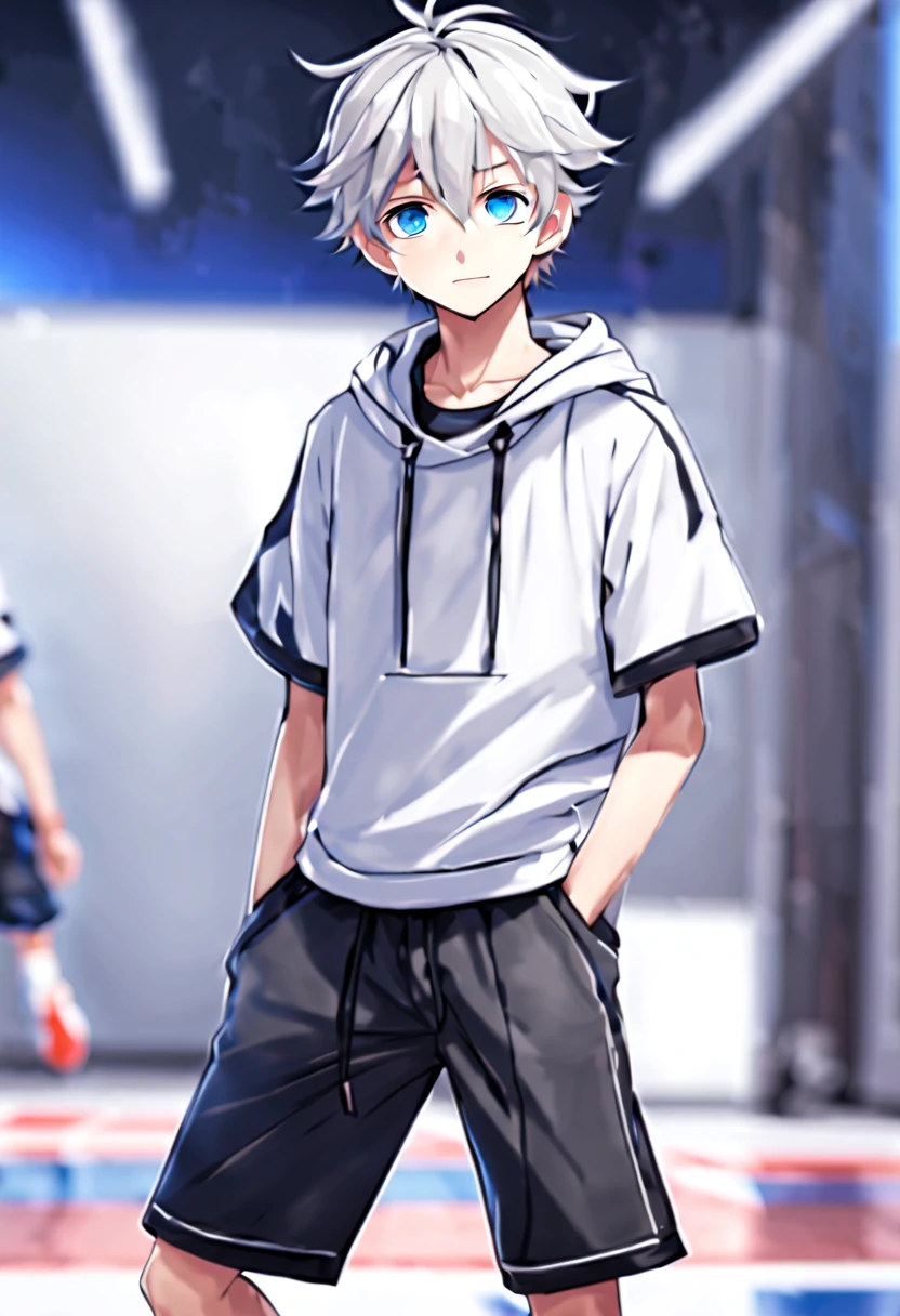 masterpiece,best quality,4k quality,unparalleled clarity,full body character,whole body, Delicate face,
a boy,sports student,Handsome boy,cute,13 years old,anime characters,blue eyes,smirk,Male focus is prominent,Gray hair is messy,Upper body white tight short sleeves,wearing black leggins,The trouser zipper is open,Sagging crotch,White basketball shoes,standing posture,white socks,Street background,stand against wall,Facing the audience with a clear face