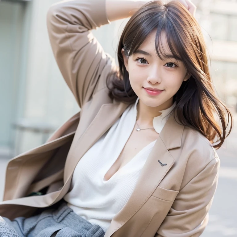mix 4,(highest quality), (realistic),(Simple white background:1.2), 21 year old girl 1:1.5, Upper body, high detail face, smile,[ash blonde | Ginger | brown gray hair], Fujifilm XT3, beige or camel、High-waisted pants in neutral tones like silver and blue, Combination of silk blouse and structured blazer, Create a sophisticated and powerful look,(8K), bangs, short hair、Random attire、random sexy pose