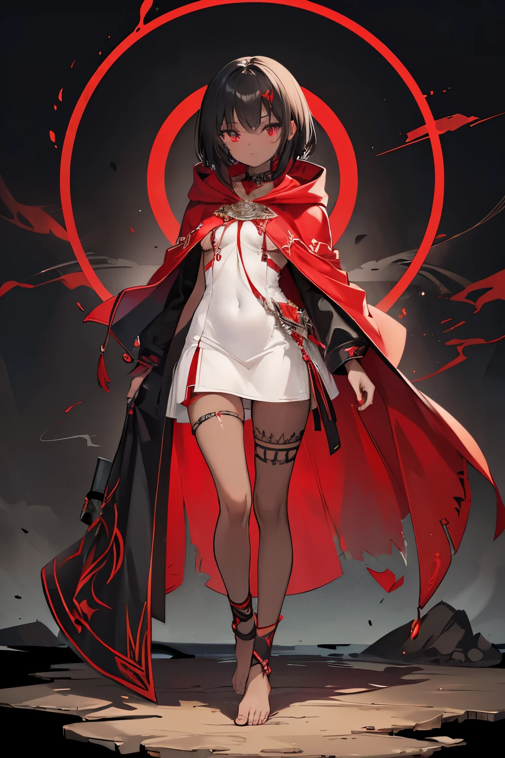 masterpiece, best quality, female, 1 girl, Detailed face, short black straight hair, color eyes red, color skin tan dark skin, short body, small breasts, (accessories black tattoos spread all over his body), large clothes red hooded cloak with Detailed in white, short dress under the red cloak, She walks barefoot.