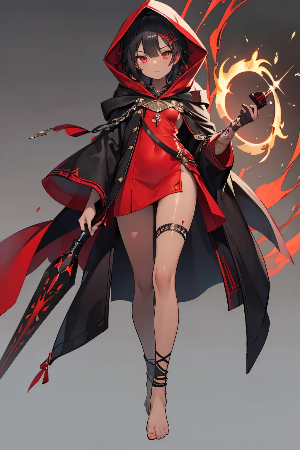 masterpiece, best quality, female, 1 girl, Detailed face, short black straight hair, color eyes red, color skin tan dark skin, short body, small breasts, (accessories black tattoos spread all over his body), large clothes red hooded cloak with Detailed in white, short dress under the red cloak, She walks barefoot.