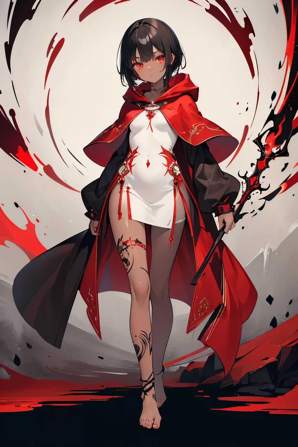 masterpiece, best quality, female, 1 girl, Detailed face, short black straight hair, color eyes red, color skin tan dark skin, short body, small breasts, (accessories black tattoos spread all over his body), large clothes red hooded cloak with Detailed in white, short dress under the red cloak, She walks barefoot.