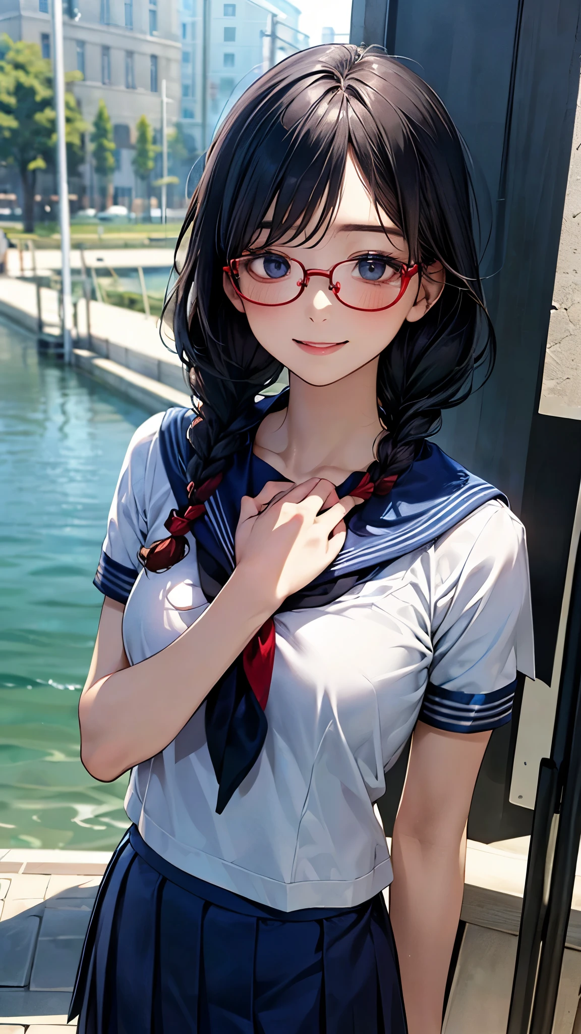 (masterpiece:1.2, top-quality), (realistic, photorealistic:1.4), beautiful illustration, (natural side lighting, movie lighting),
looking at viewer, upper body, (front view), 1 girl, japanese, , perfect face, cute and symmetrical face, shiny skin, babyface,
(long hair, twin braids, straight hair:1.2, black hair), braided bangs, blue eyes, big eyes, (middle breasts),
beautiful hair, beautiful face, beautiful detailed eyes, beautiful clavicle, beautiful body, beautiful chest, beautiful thigh, beautiful legs, beautiful fingers,
((short sleeves, all navy cute sailor suit, navy pleated skirt, navy sailor collar, red sailor scarf)), black-rimmed glasses,
(beautiful scenery), evening, riverside, walking, hands on chest, (lovely smile, upper eyes),