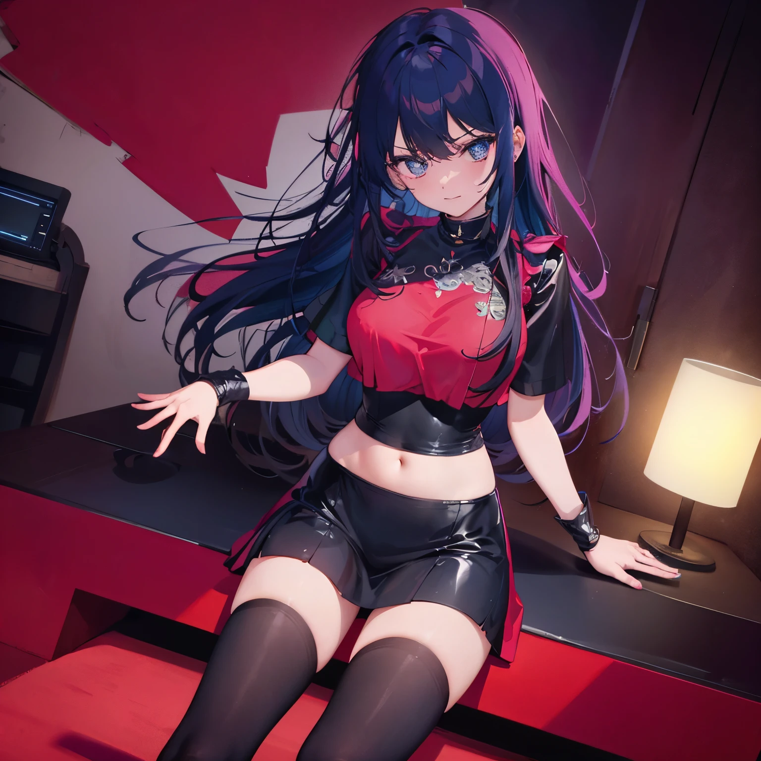 garota de anime sentada em uma cadeira na frente de um computador, um desenho de anime por Yuumei, Pixiv, arte seriada, estilo anime 4K, Papel de parede anime 4k, arte de anime digital, Anime Art Wallpaper 8K, Anime Art Wallpaper 4K, Anime Art Wallpaper 4K, menina anime peituda, Digital anime illustration, Anime Wallpaper 4k, Coreana com cabelo preto curto e franja, peituda, top cropped preto com recorte em tecido e gola alta, toupeira nas tetas, seios grandes, seios grandes, Peito pontiagudo, peito pontudo, pele branca, black pants with V-shaped opening on the side of the leg, air jordan preto , ela sentada em sua cadeira de jogo de frente para o ponto de vista. barefoot, em seu quarto, existem computadores, livros e cartazes na cena, sweatpants, cintura fina, corpo de ninfa