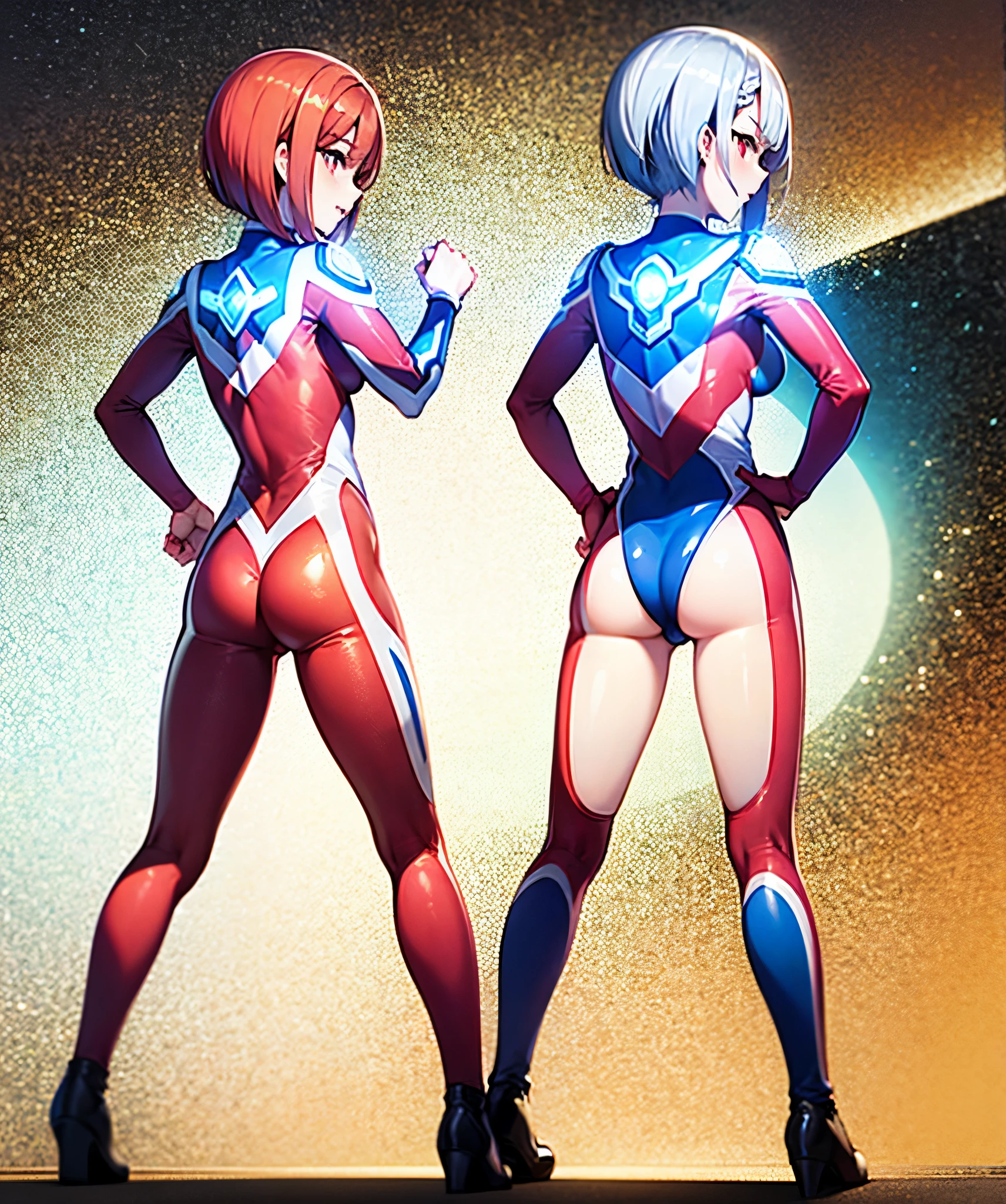 red haired woman,short bob,Braided hair,red eyes, (Ultra Girl :1.0), silver and red ultraman bodysuit, back view,back,butt,fist,Put your hands on your hips