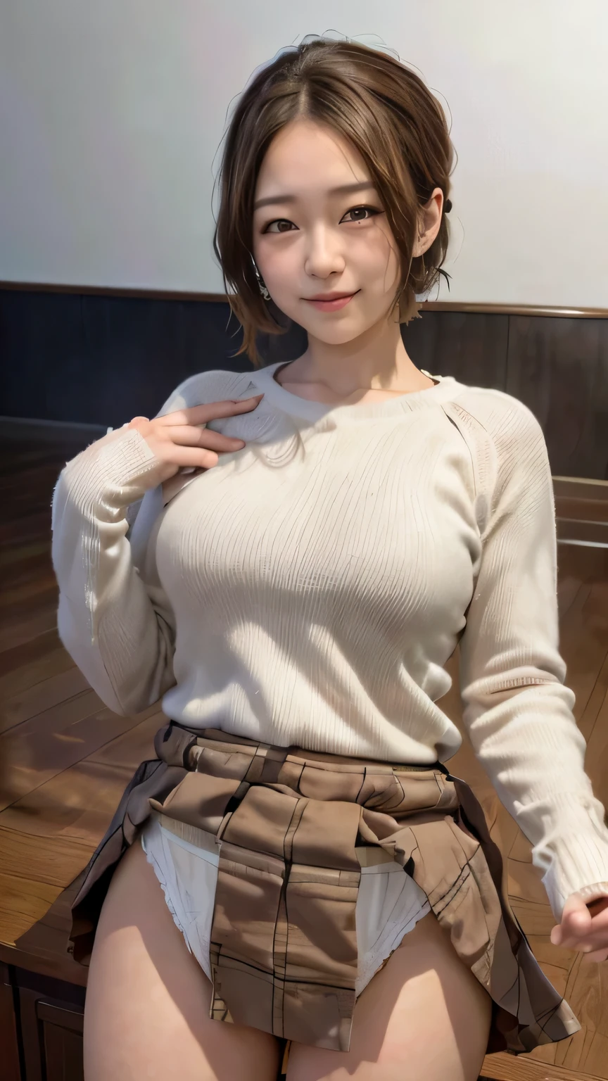 超highest quality、masterpiece、超High resolution、Depth of written boundary、(Photoreal:1.4)、(Award-winning photo、信じられないほどのmasterpiece:1.3) 、RAW photography、golden ratio、Highly detailed CG Unity 8K wallpaper、detailed and complex、original、High resolution、RAW photo、(perfect body shape)、detailed and complex、Digital single-lens reflex camera、soft writing、(background person blur:1.1)、Sigma 85mmF/1.4、50mm Lenac lighting、nffsw、hyper real、color grade, open your legs, japanese girl , 18-year-old,  (smile:0.7),  (((lift up your skirt、Pull up your skirt yourself))), sailor suit, long sleeve, white panties, camel toe, にやにやのsmile, very short hair , (high color saturation:1.0),  (highly detailed skin), (highest quality:1.0), (超High resolution:1.0) ,(realistic:1.0), (Super detailed:1.0), (8K, RAW photo:1.1),NSFW,