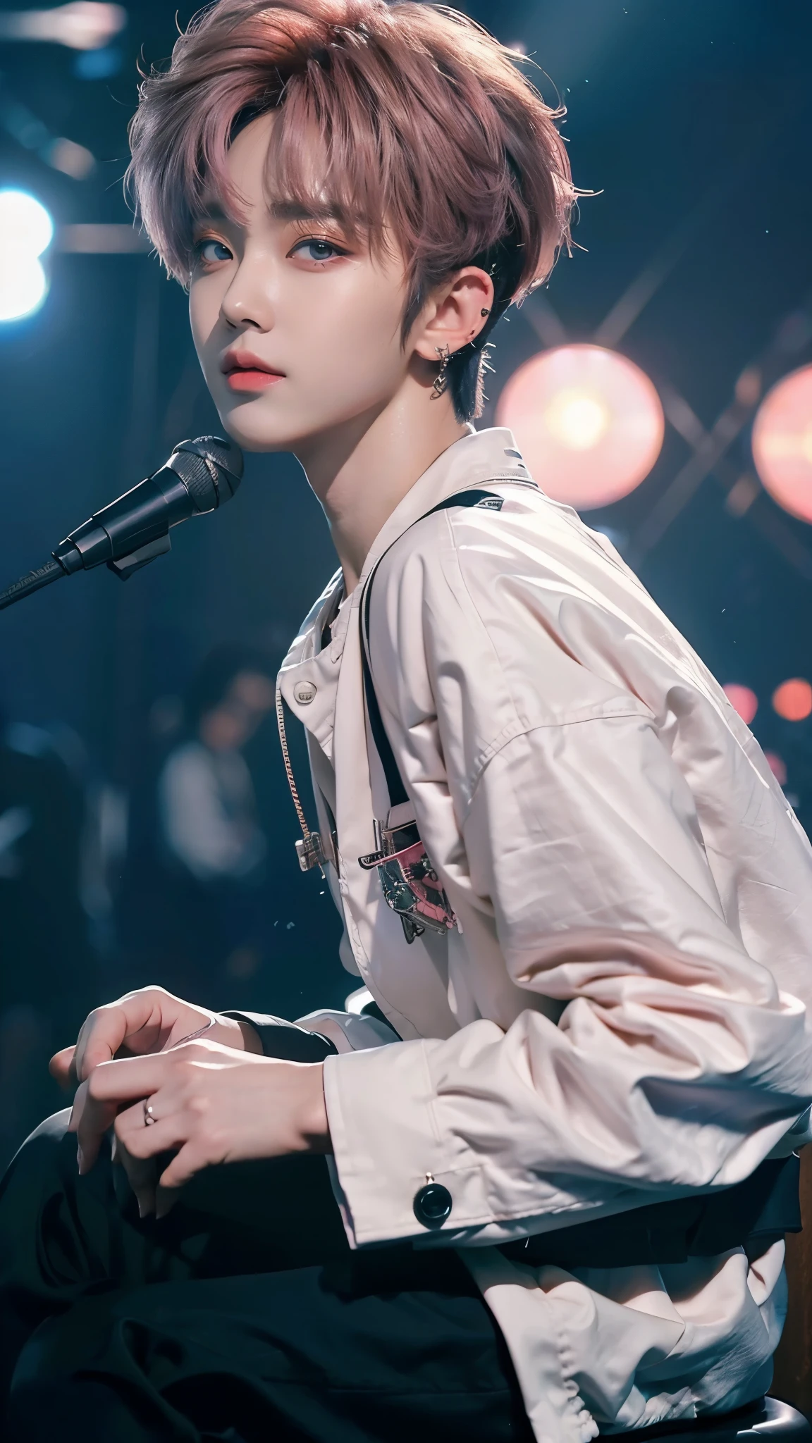 One Manly Boy、Pink-haired short-haired、Brownish eyes、small face、white skin、tall、Stylish black Korean stage fashion、Long sleeve trousers、23 years old、Korean Men、Has a languid look、sing with your mouth open on stage、Mike stand、Photos taken at music programs、Shot diagonally from the side、profile、masterpiece、highest quality、high resolution、Glaring expression、korean makeup、A face similar to ASTRO's Eun-woo、Eun-woo、ASTRO、Wear a lot of piercings、boyfriend、Focus zoom out、sitting far away、beautiful lighting