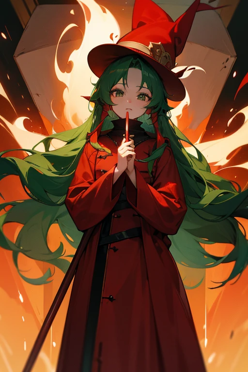 red hat、red long leather coat、long hair、Deep green hair、26 years old、fantasy、Eyes are long、lashes are long、highest quality、masterpiece、fire wizard、