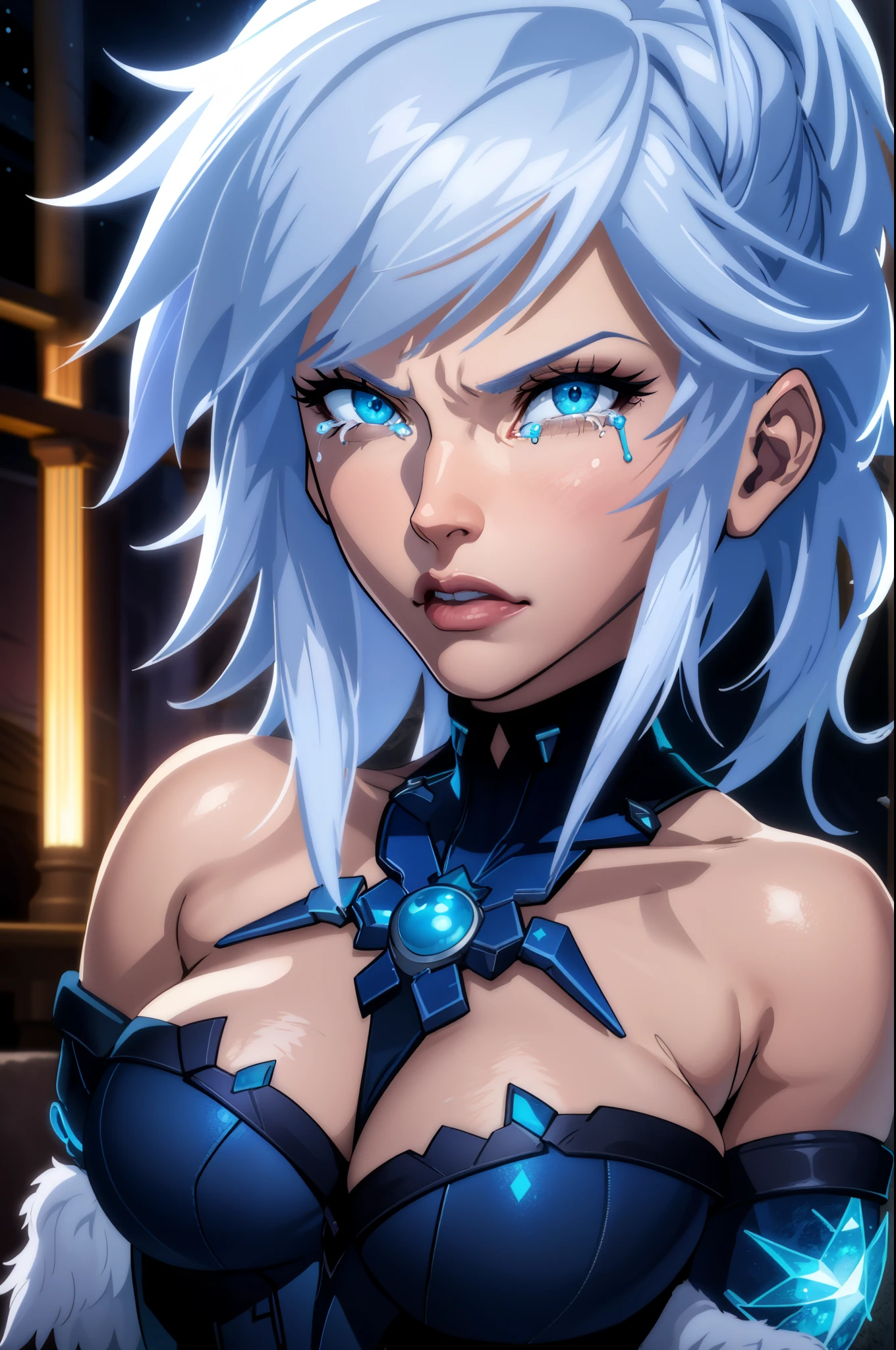 (extremely detailed CG unity 4k wallpaper),(masterpiece),(best quality),(ultra-detailed),(best illustration),(best shadow),(absurdres),(detailed background) Killer frost, Close up, Angry, tears, blizzard, heavy snow, winter, night, white hair, blue eyes,