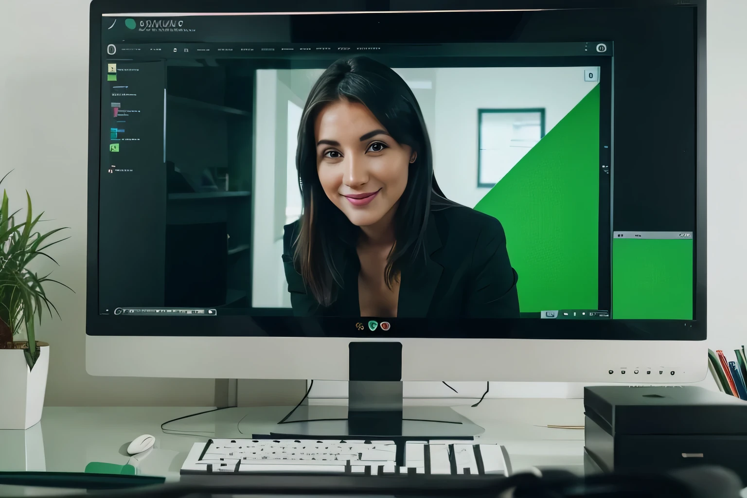 an happy young italian real estate agent scrolling trough a super classy website on a pc screen in his office. black and green colors. High-dtailed, 4k, ultra sharpen