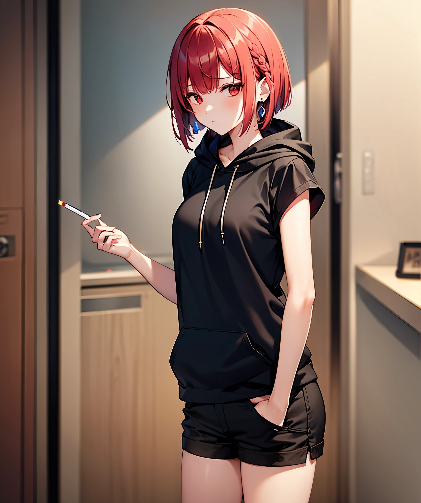 red haired woman,short bob,Braiding hair,red eyes,喫cigarette,cigarette,3 earrings in left ear,black hoodie,Black shorts,room