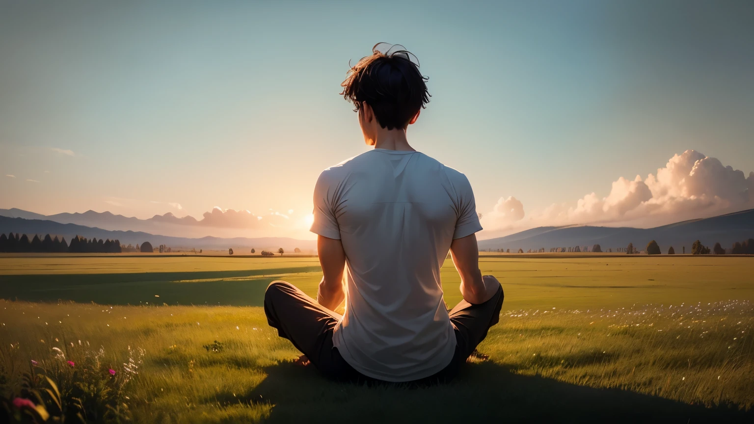 masterpiece, best quality, the back view of one man meditating, from a distant place, in the middle of a large meadow, in the morning.