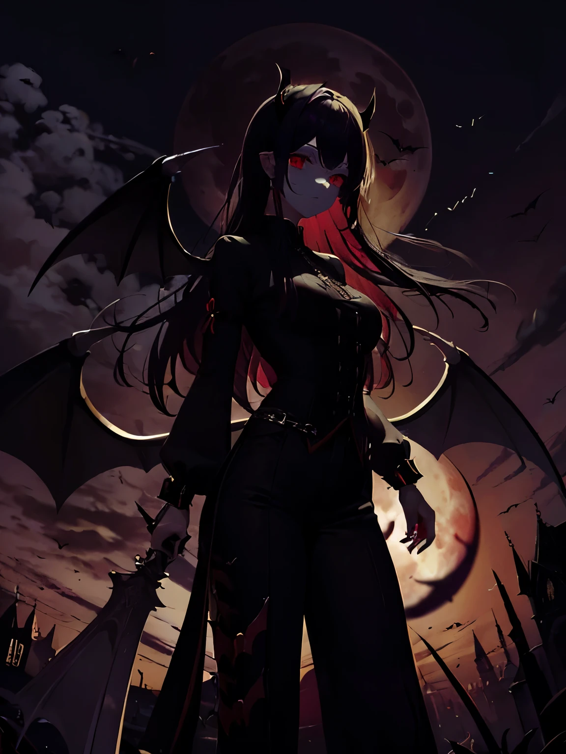 vampire adult woman、big bat wings、Bats around、big red moon behind、gothic pants pants、very long golden hair、