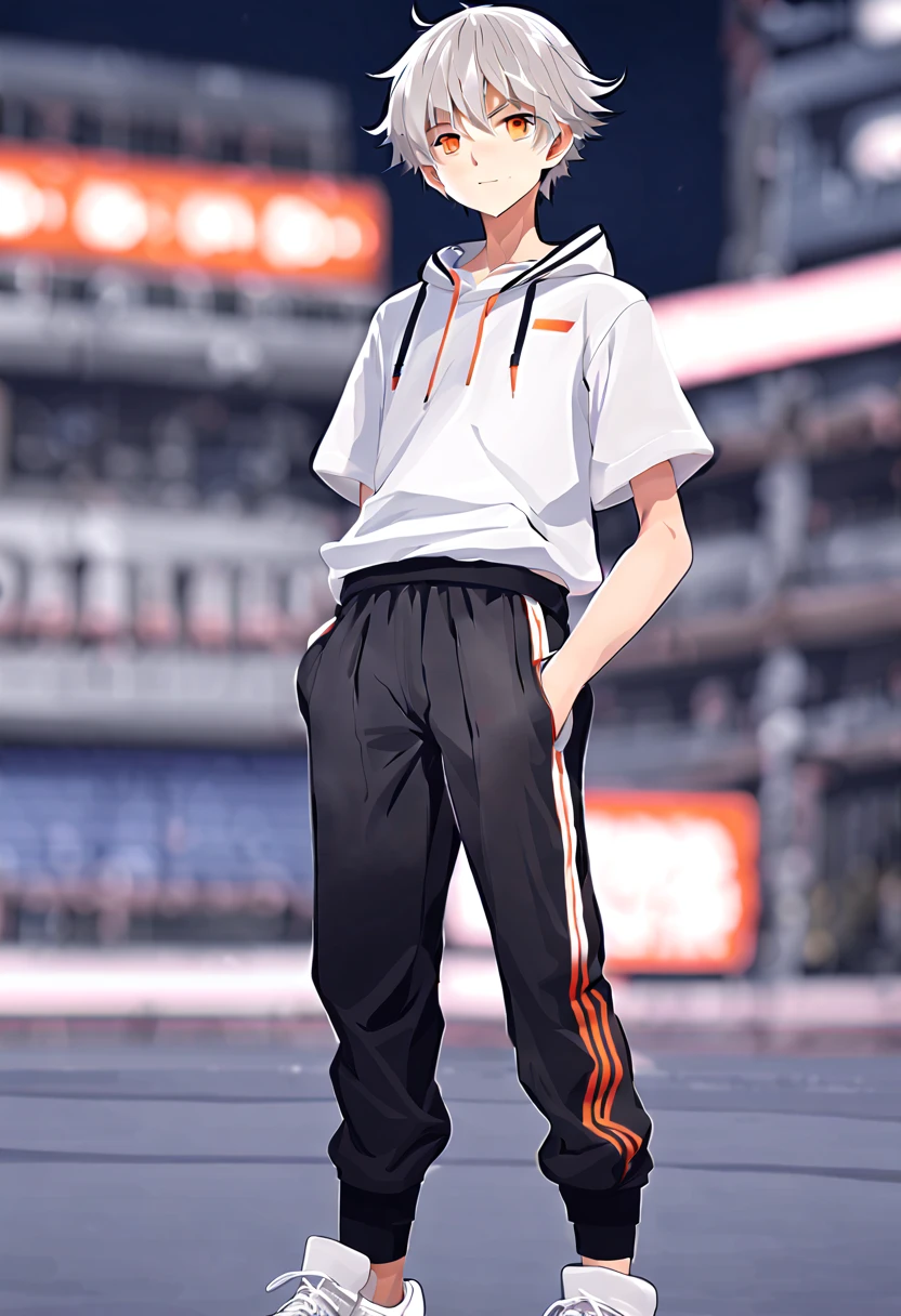 masterpiece,best quality,4k quality,unparalleled clarity,full body character,whole body, Delicate face,
a boy,sports student,Handsome boy,cute,13 years old,anime characters,orange eyes,smirk,Male focus is prominent,Gray hair is messy,Upper body white tight short sleeves,wearing black leggins,The trouser zipper is unzipped,The crotch is protruding and drooping,White basketball shoes,standing posture,white socks,Street background,Facing the audience with a clear face