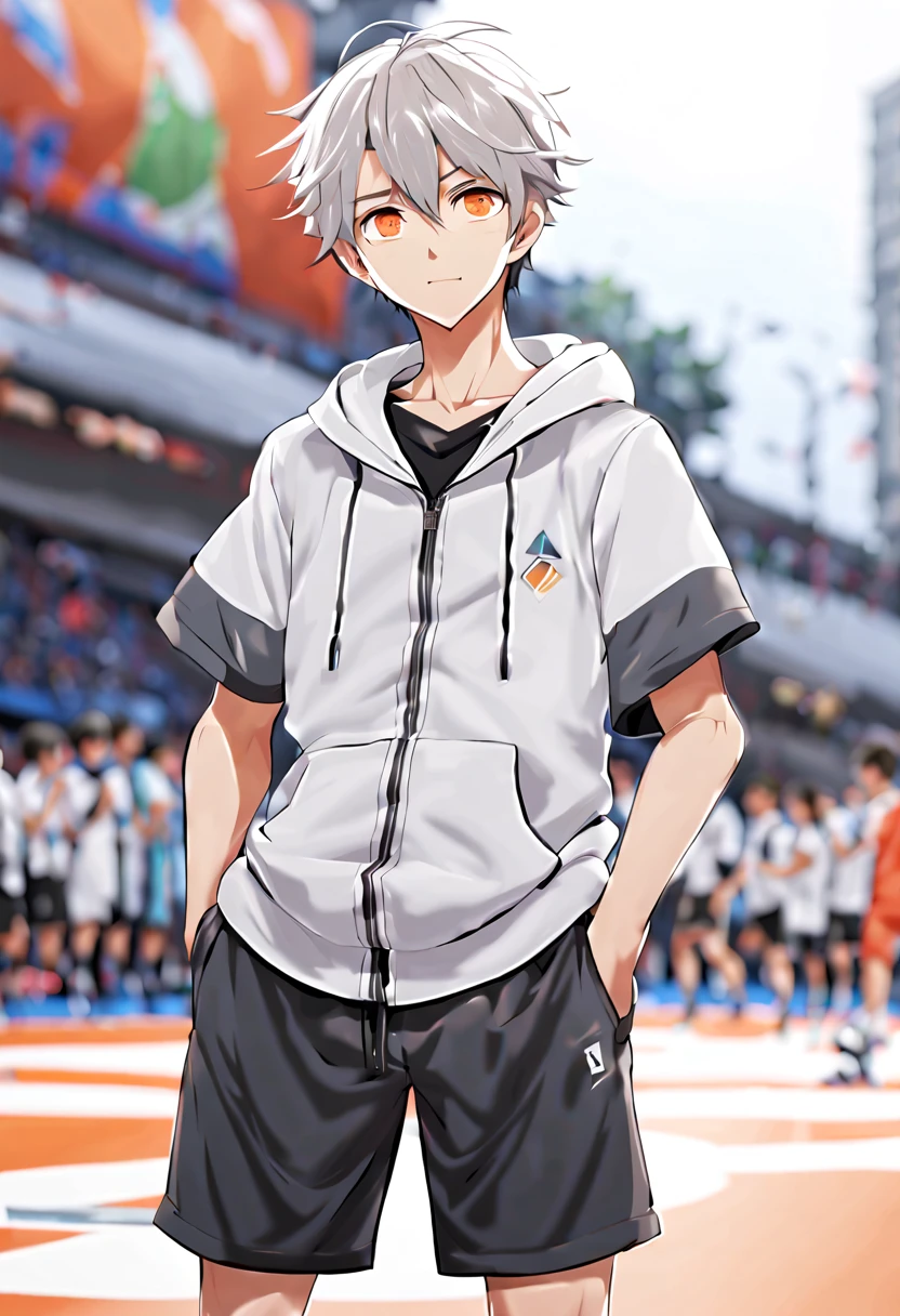 masterpiece,best quality,4k quality,unparalleled clarity,full body character,whole body, Delicate face,
a boy,sports student,Handsome boy,cute,13 years old,anime characters,orange eyes,smirk,Male focus is prominent,Gray hair is messy,Upper body white tight short sleeves,wearing black leggins,The trouser zipper is unzipped,The crotch is protruding and drooping,White basketball shoes,standing posture,white socks,Street background,Facing the audience with a clear face