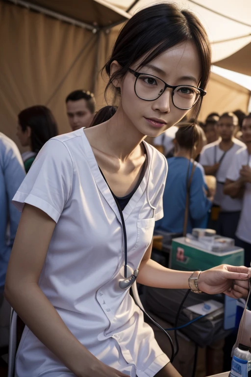 charming white chinese female, nude, 30yo, glasses, very tiny, anorexic, very skinny, very small breast, skinny legs, naked, doctor shirt, wear stethoscope, speak to people, explain something, open mouth, talk to people, talk to the mic, very crowded, in the african camp, among huge blackman, among people, 4k, 8k, highres, best quality, realistic