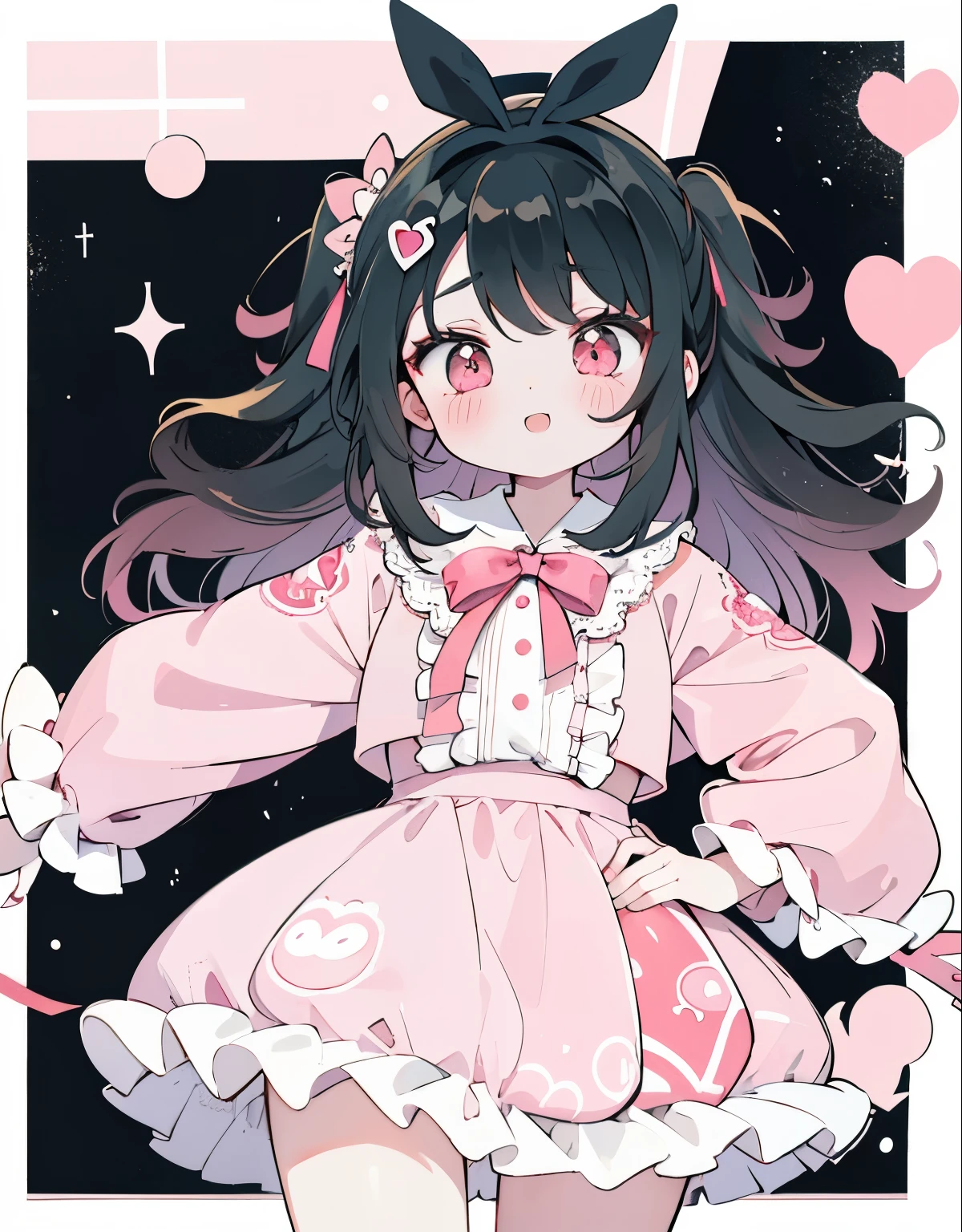 azhiichigo style,big eyes, thick lines, cute,,uekura.KoiKo,,upper body,.\(Style\):kawaii style,,..\(Composition\):\1girl,,..\(Appearance\): Consistency,naughty face,smile,wavy hair,dark hair,crimson eye,..\(Clothing\):,(Clothes with lots of frills, lace and ribbons:1.2),(pastel color style:1.1),hand on hip,cheeky face,white and pink clothes,white and pink shoes,,..\(Behavior\):,..\(Location\): (surround,heart-shaped gem, starry heart),,..\(Quality\): best quality,masterpiece,,.,