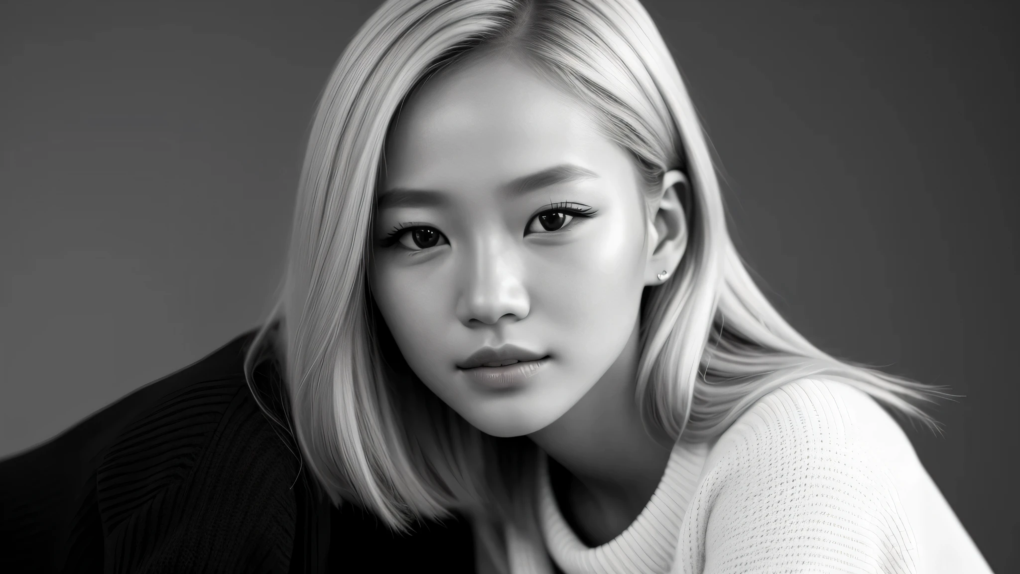 black and white photo of a girl kids blonde hair bun with a sweater on and glass, portrait black and white, close up portrait photo, black and white portrait, 1 3 5 mm nikon portrait, beautiful portrait photo, studio potrait, taejune kim, seseon yoon, jaeyeon nam, kids model, editorial KIDS portrait, high detail portrait photo,