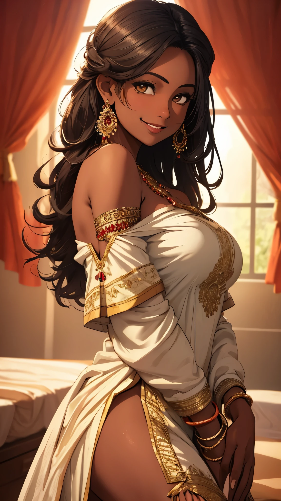 (best quality, masterpiece), 1 girl, Indian，indian style, big breasts，off the shoulder dress，Smile，portrait，dark skin