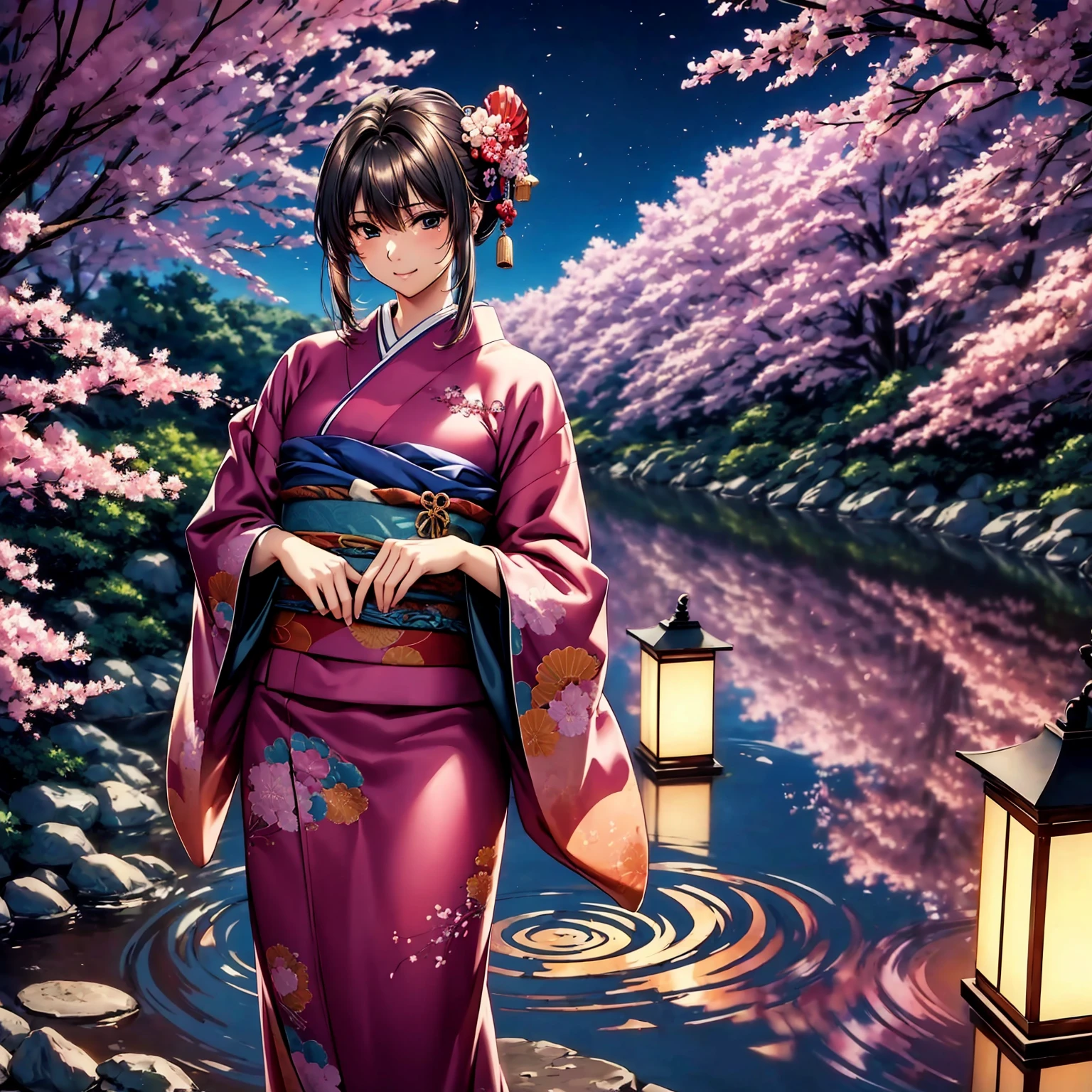 (highest quality、masterpiece、very high resolution、ultra high resolution.High-quality detail)、(A woman with perfect and ultimate beauty:18-year-old,bright smile,beautiful body、beautiful face)、(There are many variations of hairstyles,Japanese hair,beautiful hair),(Beautiful breasts with a slender body shape:F cup,beautiful hair texture,Beautiful skin texture,Lifelike textures,Beautiful colors)((Wearing a Japan kimono:Japanese patterns and colors,Kimono with long obi and large sleeves,Beautiful colors,shoulders are exposed,Wear it down)),(Fantastic waterside,There is a waterfall,Night cherry blossoms and lanterns,mysterious night sky、beautiful scenery),(water play,beautiful pose,model shoot),(whole body,I can see my thighs,accurate anatomy、highly detailed images、accurate image、Perfect Image 1.5)、beautiful anime woman, beautiful art style, anime character、(Overall image、Image without defects、natural soft light、beautiful images),(best shot,RAW photo 1.2)