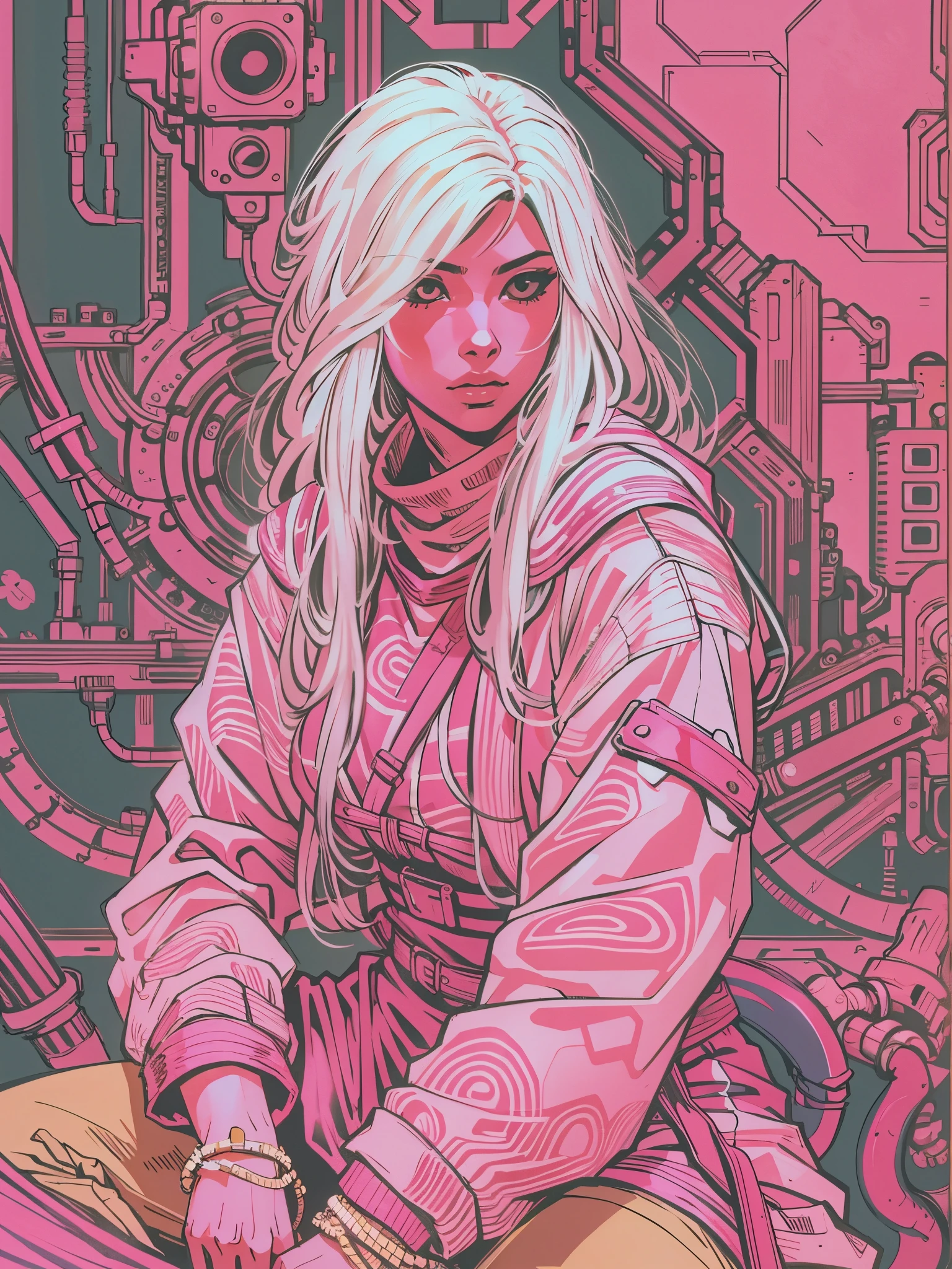 1monk warrior girl with pink techwear clothes, white long hair, laces, abstract vintage scifi background, art by Moebius